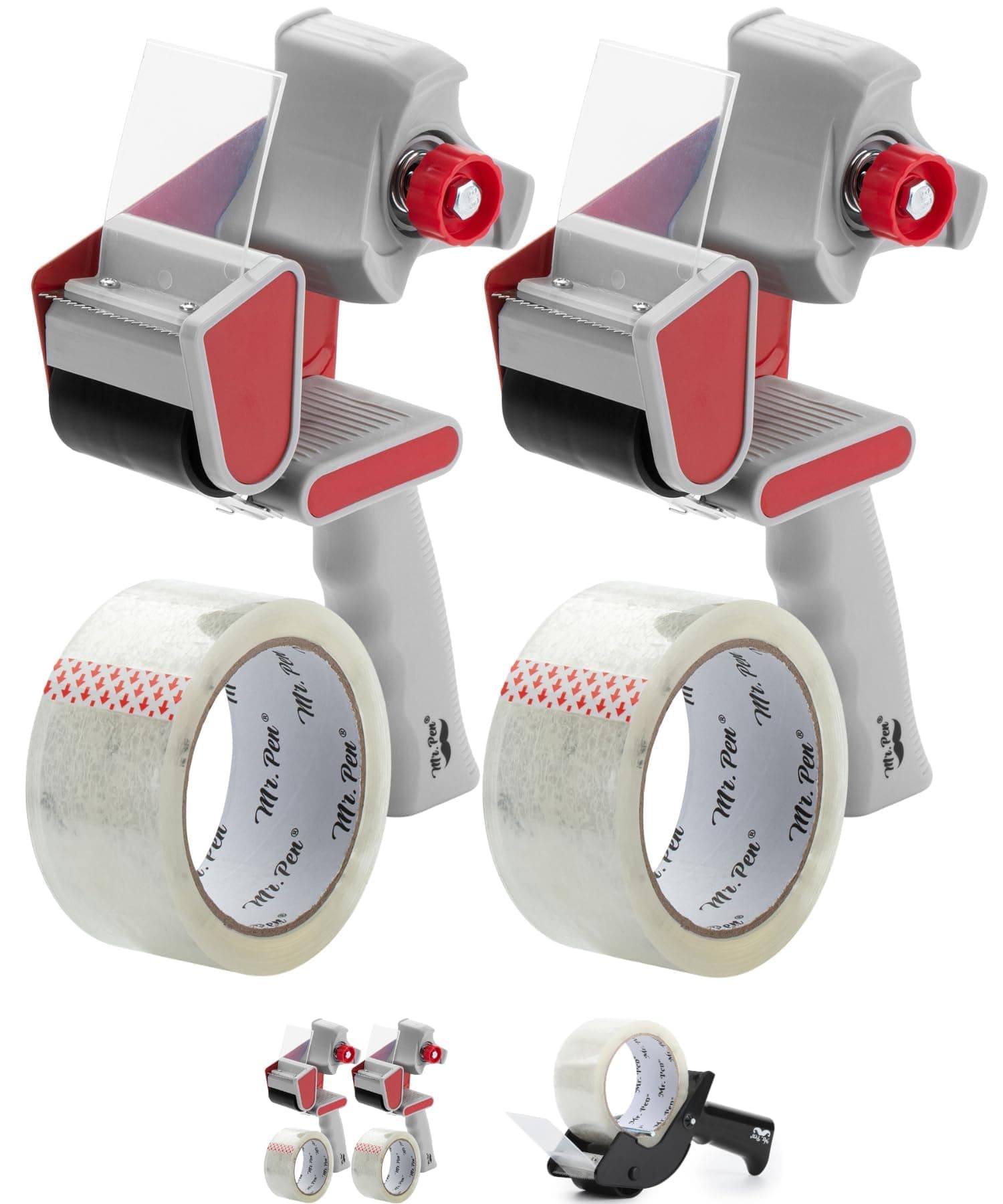 Heavy Duty Packing Tape Dispenser Gun 2-Inch, 2 Pack with 2 Rolls, Clear Packaging Tape for Moving and Boxes
