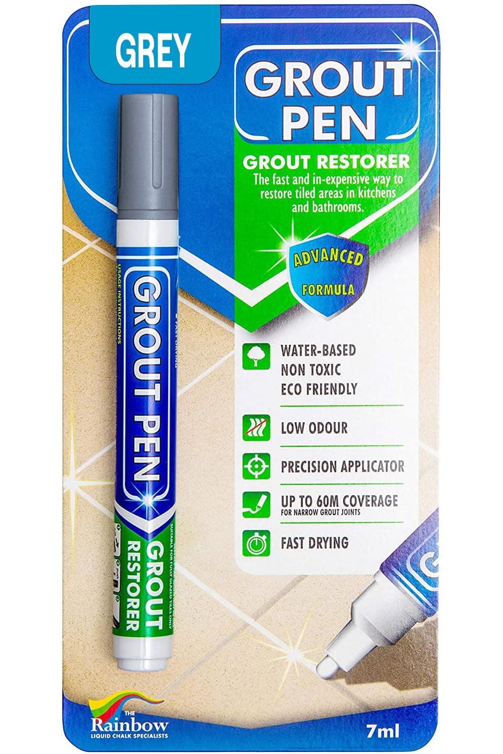 Grout Pen Grey Tile Paint Marker: Waterproof Grout Paint, Tile Grout Colorant and Sealer Pen - Grey, Narrow 5mm Tip (7mL)