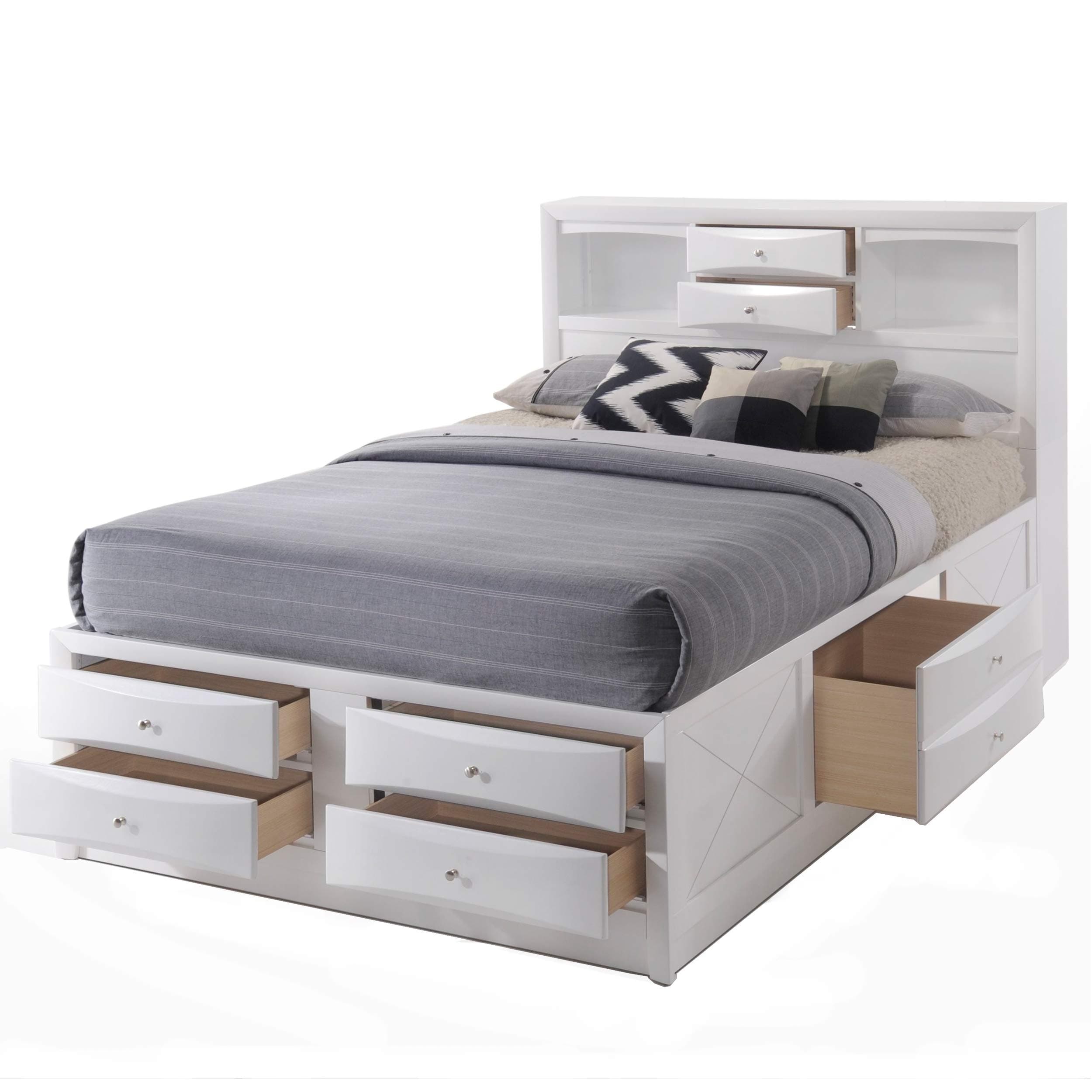 HABITRIO King Bed with Storage, Solid Wood King Size Bed with Headboard (2 Bookcase, 2 Drawers), Footboard (4 Drawers), Rail with 2 Drawers, Wooden Slat, No Box Spring Needed, White