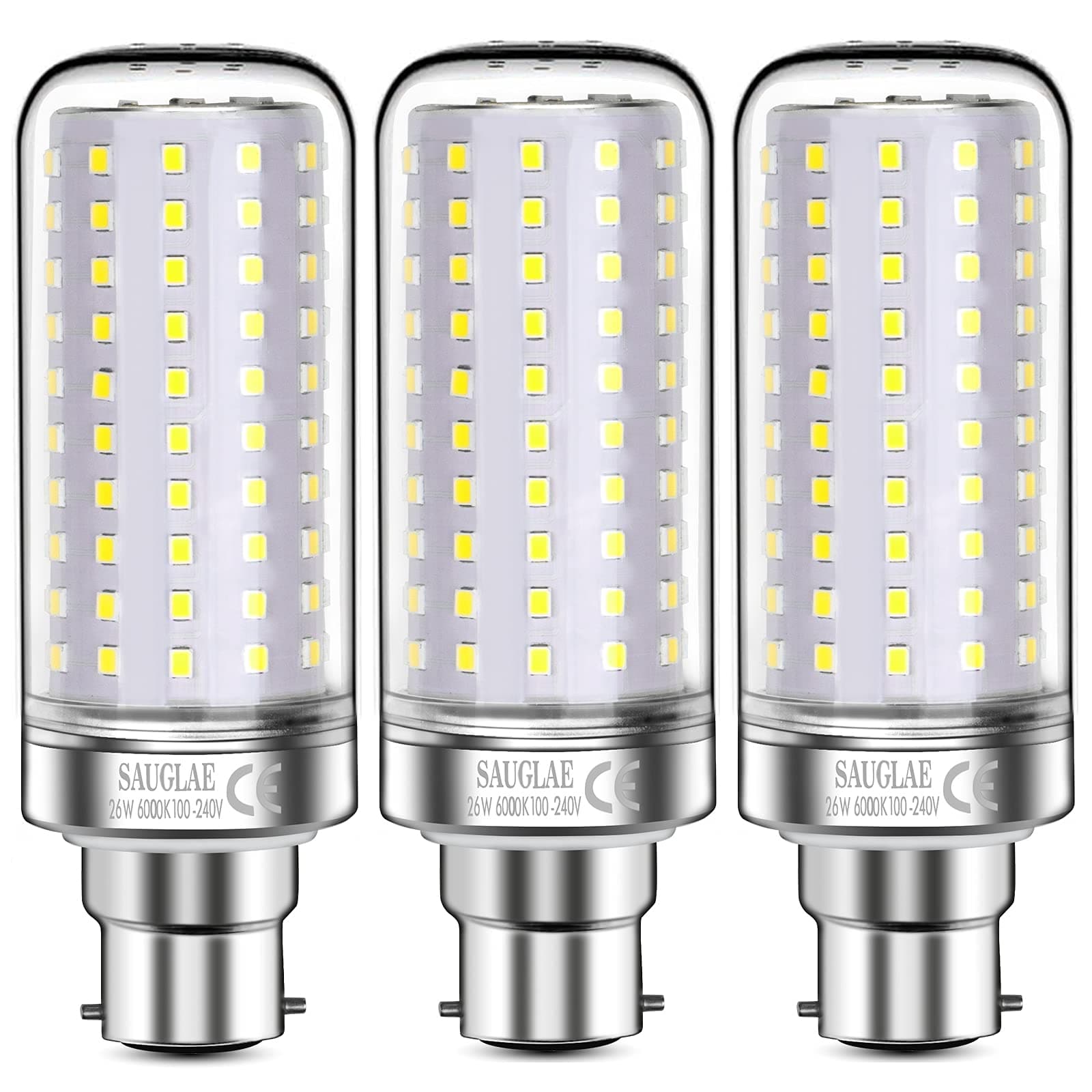 26W LED Light Bulbs, 200W Incandescent Bulbs Equivalent, B22d Bayonet Cap, 3000Lm, 6000K Daylight White, Pack of 3