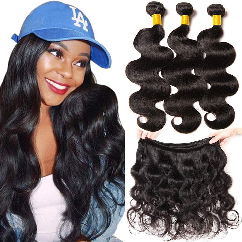 YOUFA Body Wave Bundles Weave Hair 100% Unprocessed Virgin Brazilian Human Hair 3 Bundles 16 18 20 Inch Remy Hair Extensions Natural Color
