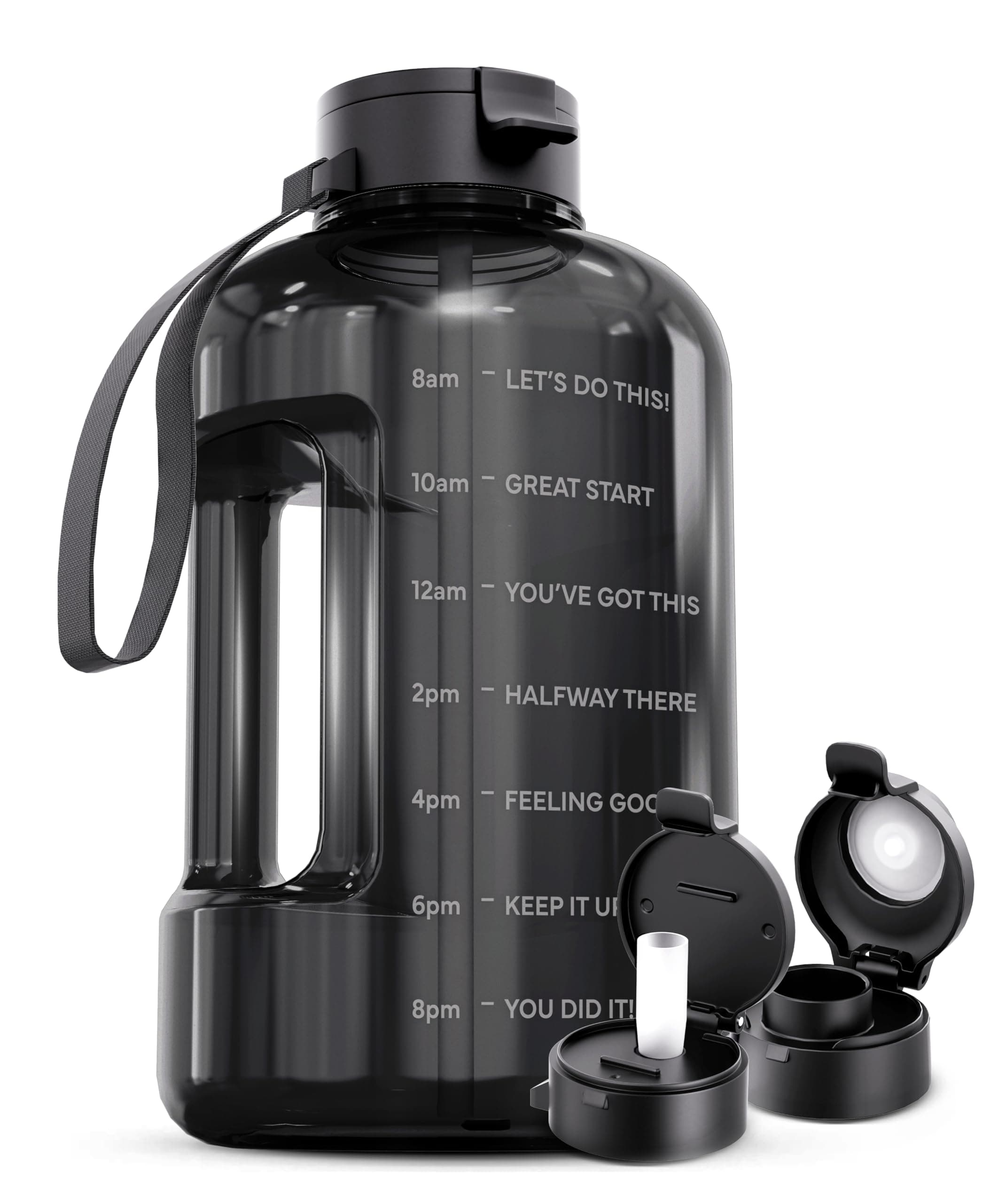 AQUAFIT 128 oz Water Bottle with Time Marker - Straw & Chug Lid - BPA Free 1 Gallon Gym Water Bottle with Handle - Big Gallon Jug (Gray, 128 Ounces)