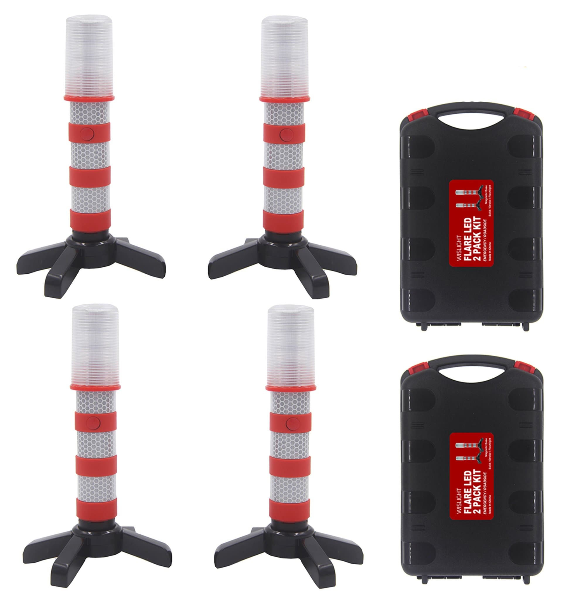 LED Emergency Roadside Flashing Flares Safety Strobe Light - Road Warning Beacon, Magnetic Base, Detachable Stand, Storage Case (2 Cases = 4 PCS, Battery Not Included)