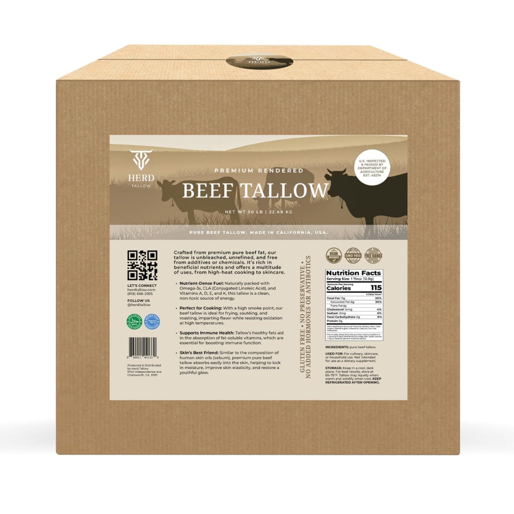 Grass-Fed and Finished Beef Tallow For Cooking, 50 lbs, Non-GMO, Keto-Friendly