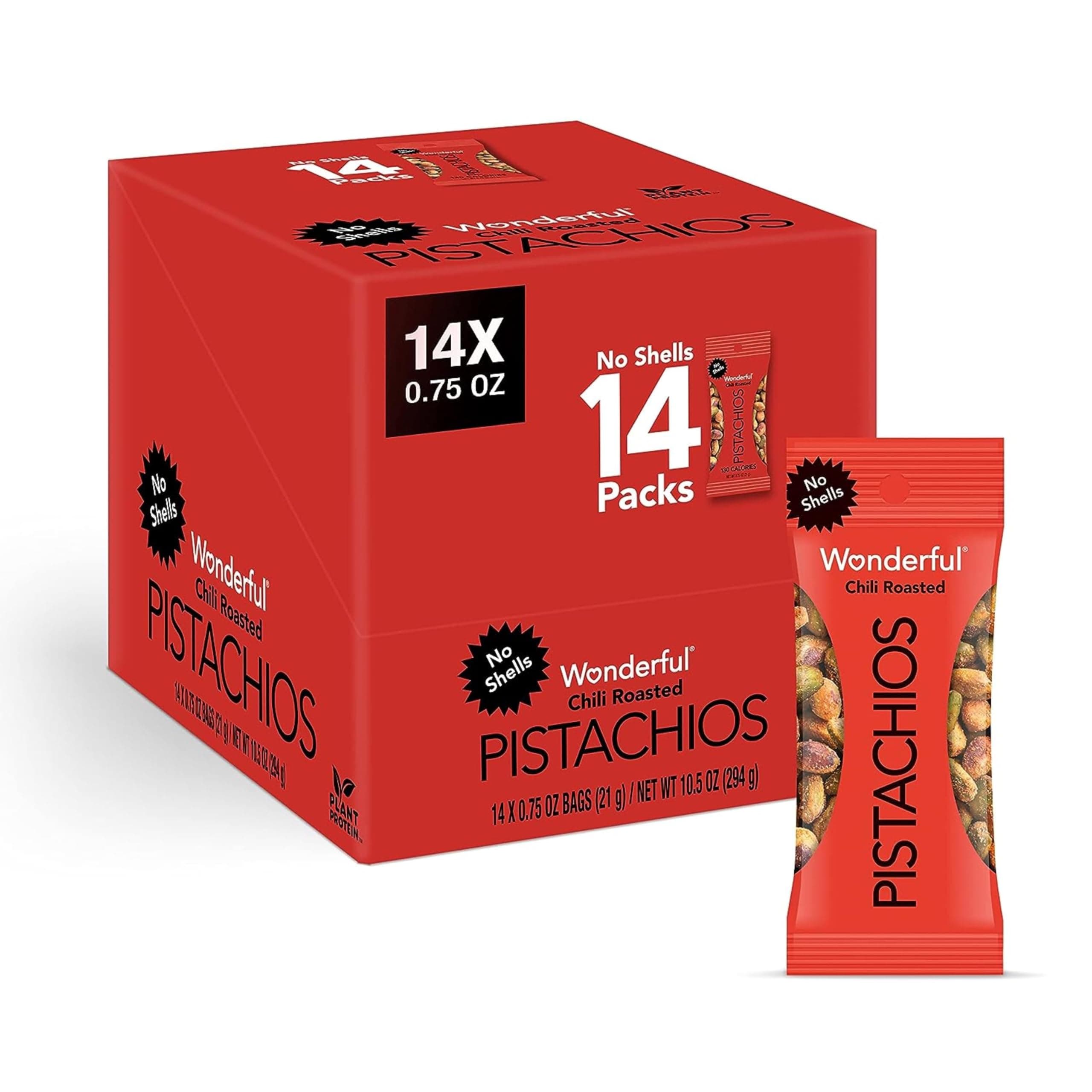 Wonderful Pistachios No Shells, Chili Roasted Nuts, 0.75 Ounce Bag (Pack of 14), Spicy Nuts, Protein Snacks, Gluten Free, Individually Wrapped Healthy Snack