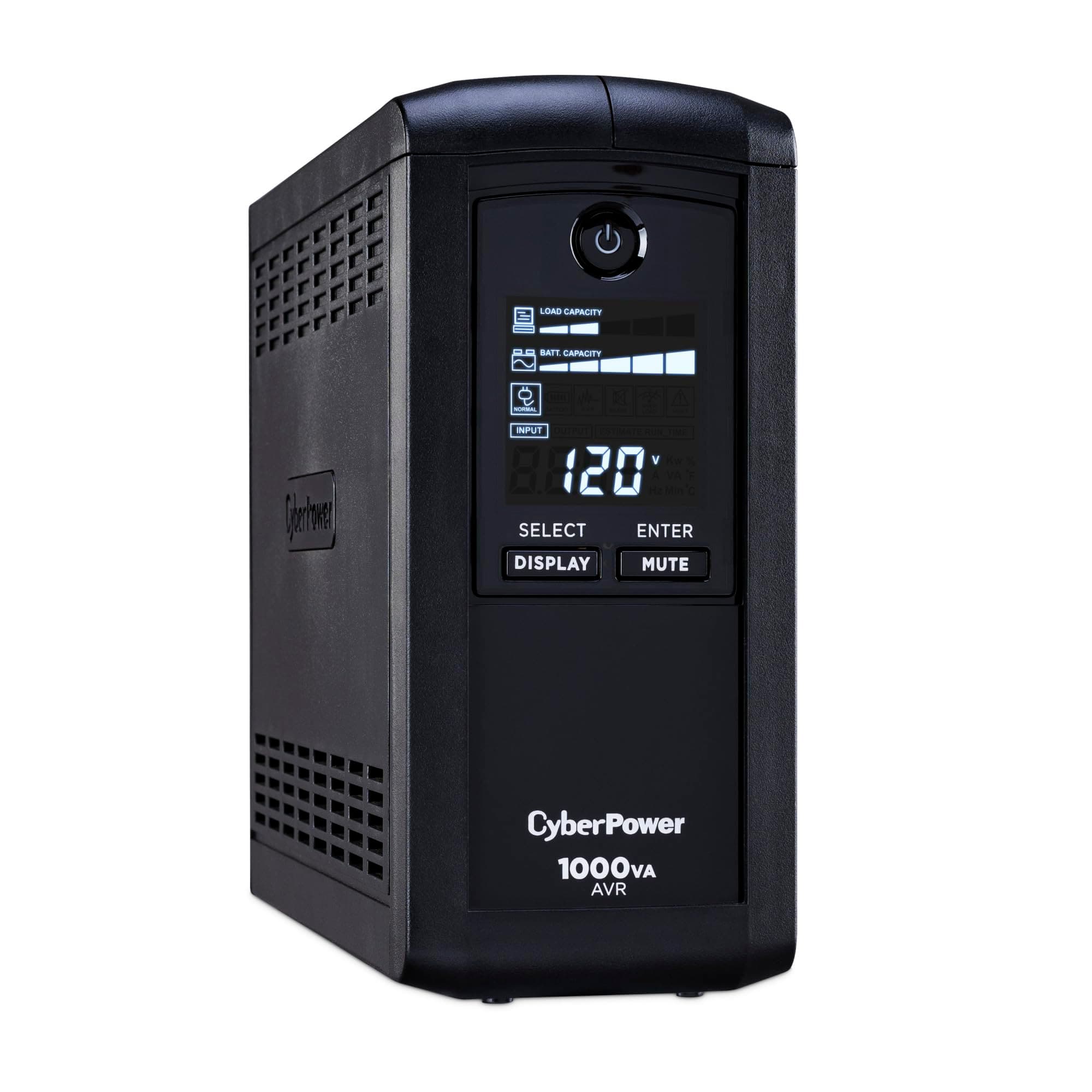CyberPower CP1000AVRLCD Intelligent LCD UPS System, 1000VA/600W, 9 Outlets, AVR, Mini-Tower, Black
