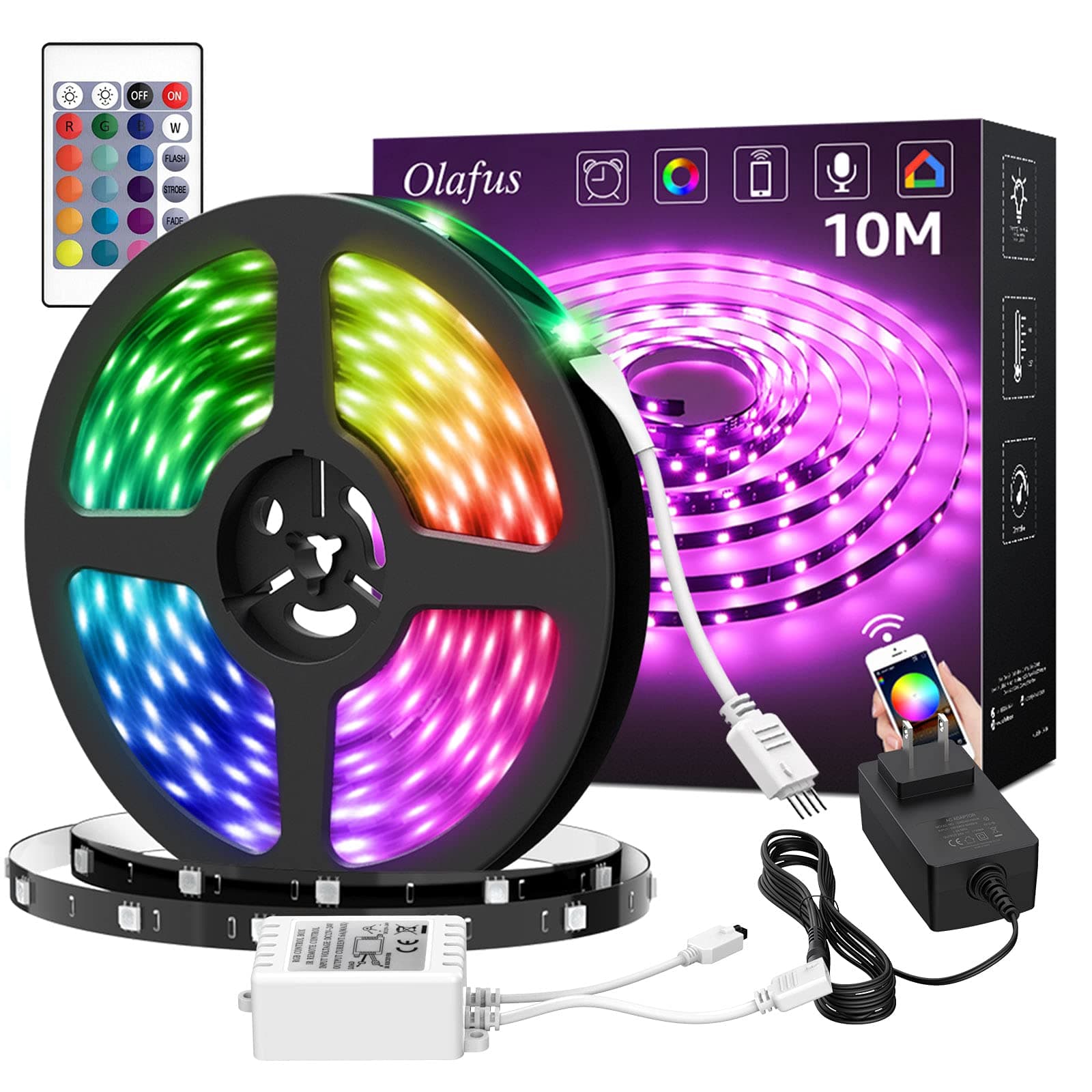 Olafus 32.8ft WiFi Smart LED Strip Lights, Power Adapter, Work with Alexa Google Home, App Control RGB Light Strip Kit Music Synch with Remote for Home Party TV Room, 300 LEDs 5050, 16 Million Colors