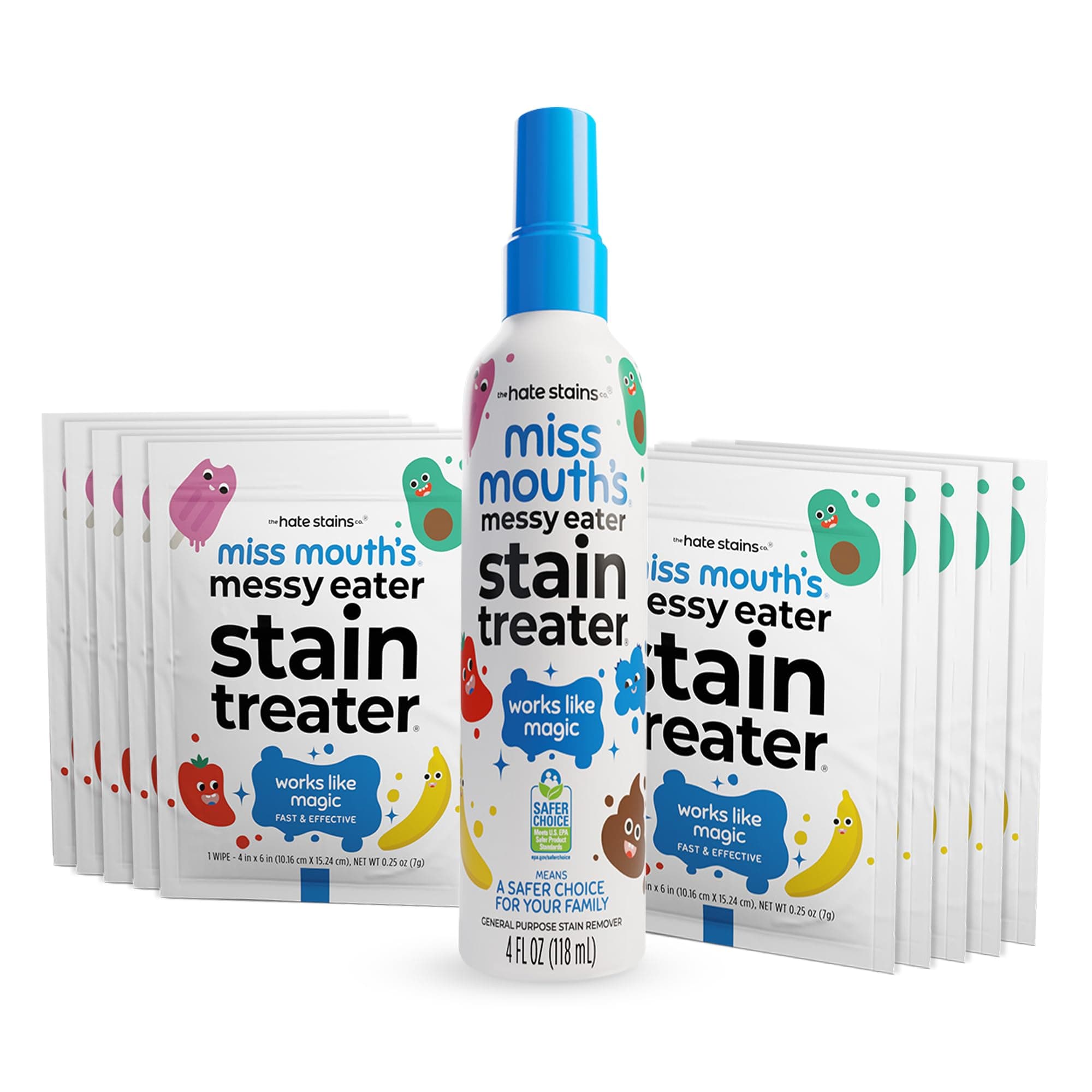 Messy Eater Stain Treater Spray - 4oz & 10 Wipes Stain Remover - Newborn & Baby Essentials - No Dry Cleaning Food, Grease, Coffee Off Laundry, Underwear, Fabric