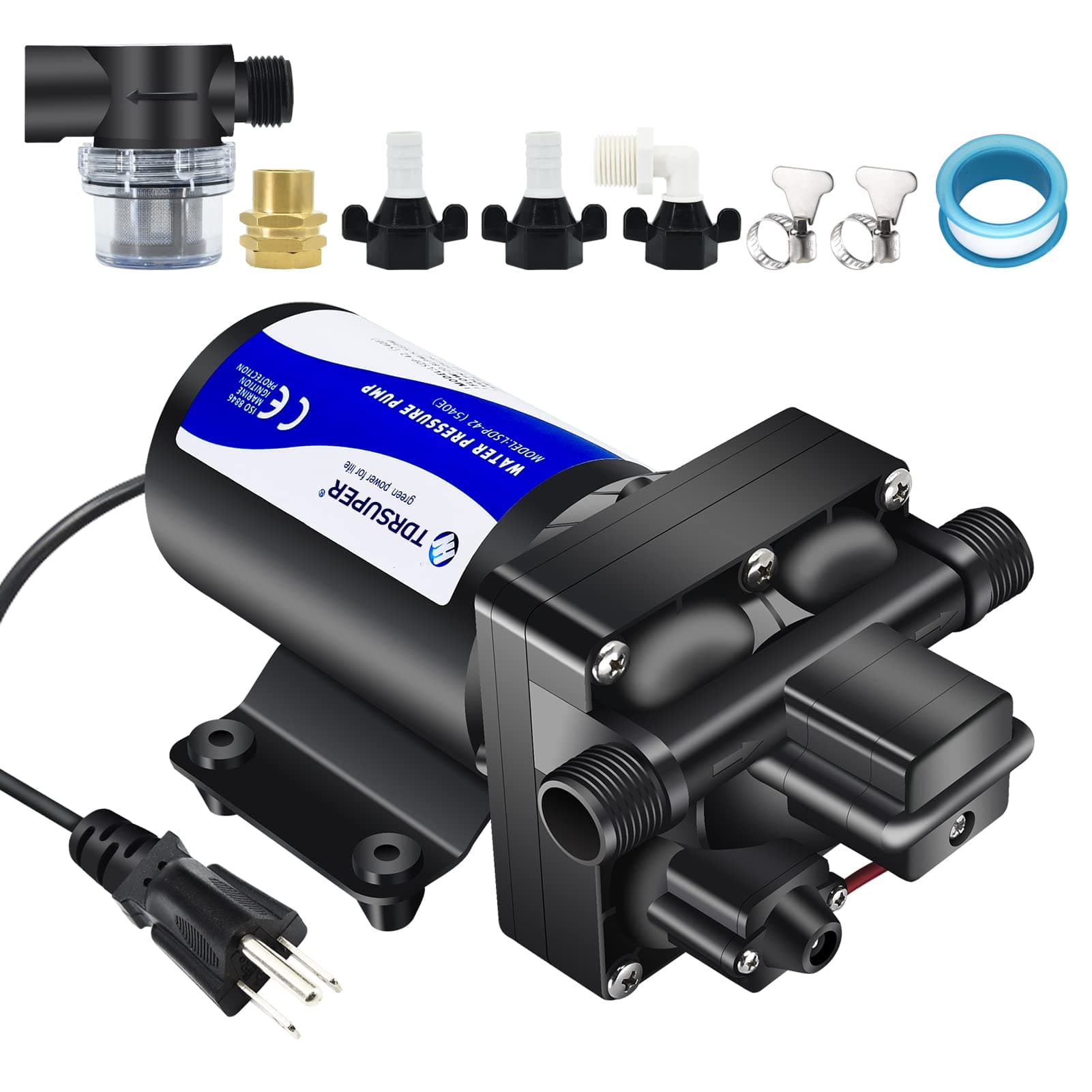 Water Pressure Booster Pump, 110V AC Water Diaphragm Pump, 5.5GPM 75PSI with Power Plug, Self Priming RV Water Pump for Home Kitchen Bathroom RV Marine Yacht Garden Hose Black