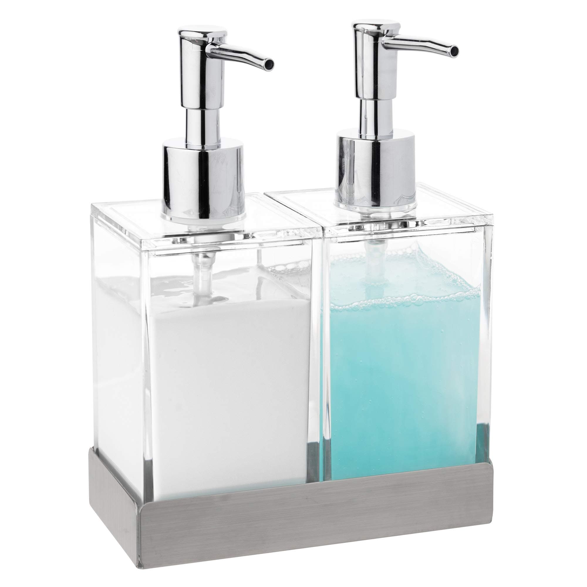 Modern InnovationsAcrylic Twin Liquid Soap and Lotion Dispenser Set with Caddy - Double Soap Dispenser for Kitchen - Clear Soap Dispenser for Bathroom, Shampoo, Conditioner, Body Wash
