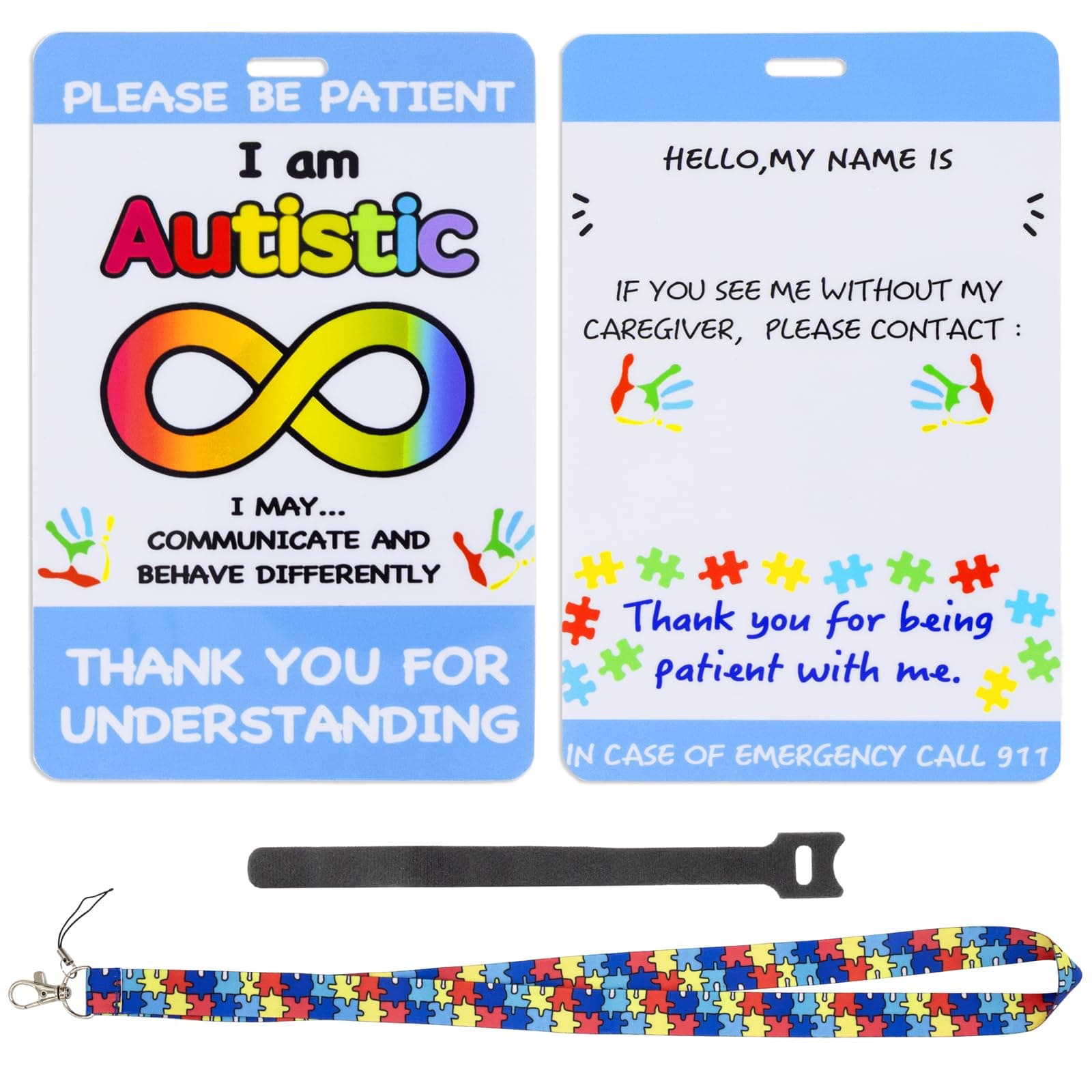 2 Pack Autism Safety Tag, Necklace Custom Text Alert Card with Writable Panel and Patterned Lanyard, Hook and Loop Closure