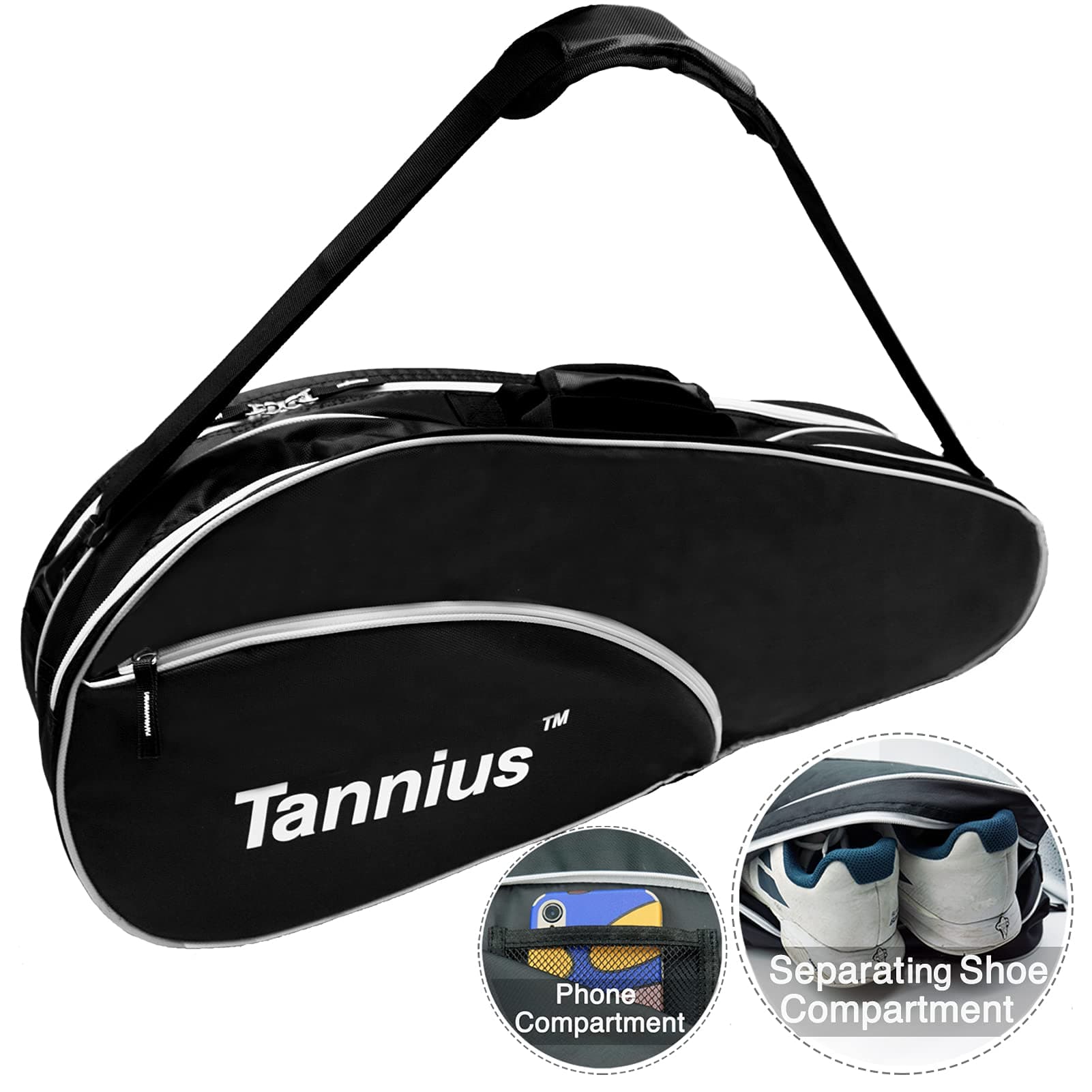 Tennis Racket Bag (3-5 Racquet), with Shoe & Phone Compartment and Protective Pad, Super Roomy and Lightweight Racquet Bag for Tennis, Badminton