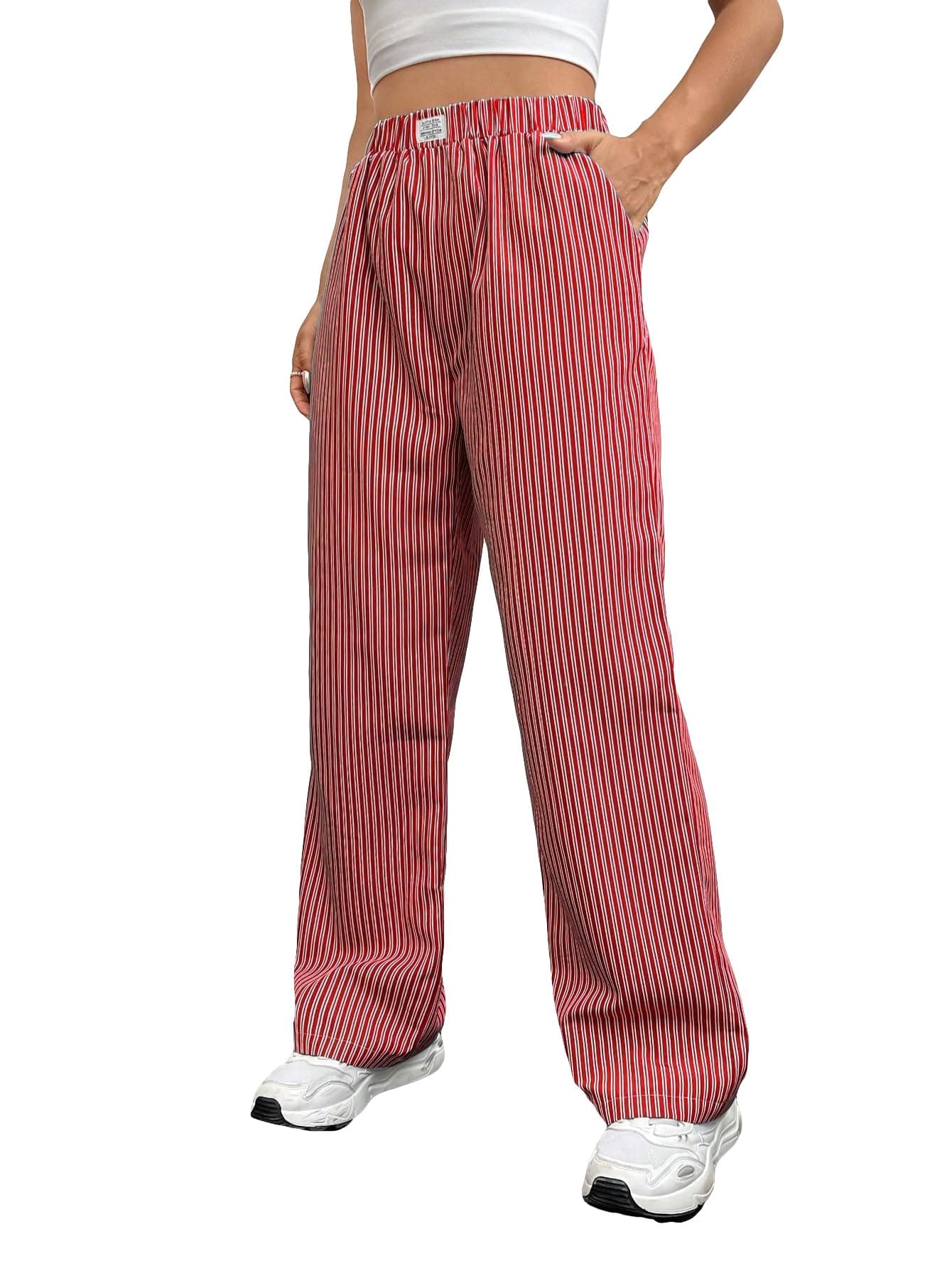 OYOANGLEWomen's Straight Wide Leg Trousers Striped Print Letter Patched Detail High Waist Y2K Fashion Pants