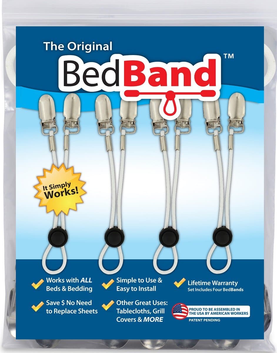 White Not Made in China. 100% USA Worker Assembled. Bed Sheet Holder, Gripper, Suspender and Strap. Smooth any Sheets on any Bed. Sleep Better. Patented.