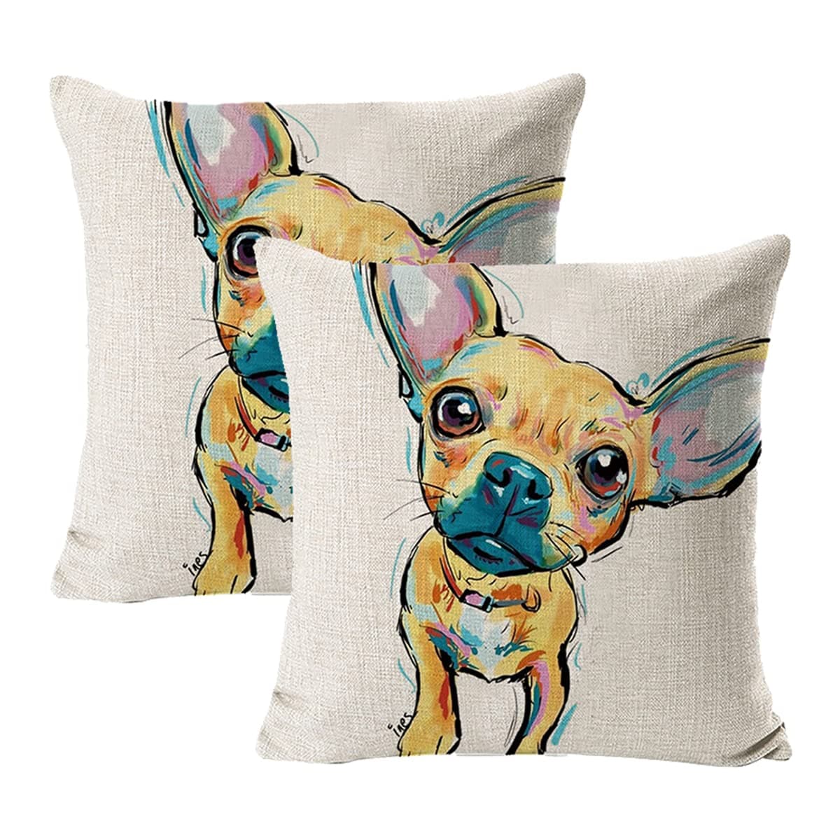 NA 2 Pcs Pet Chihuahua Dog Pattern Cushion Covers, Flax Watercolor Animal Throw Pillow Cases,Decoration Pillowcases for (18 * 18in) Pillow