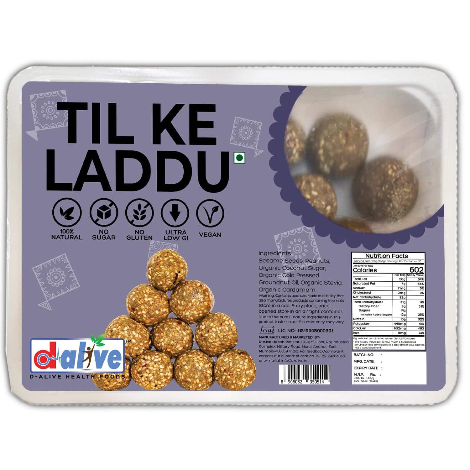 d alive Til Ke Laddu,Indian Sweets,Mithai-250G(20 Servings)-(Sugar-Free,100% Natural&Fresh,Gluten-Free,Low Carb,No Preservatives,Non-Gmo,Keto&Diabetes Friendly)-Makar Sankranti Festival Gift