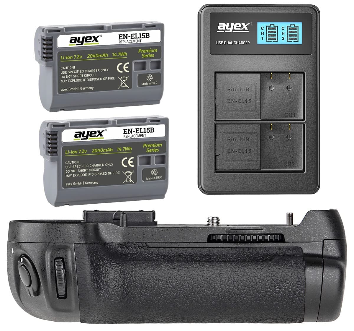 ayex Battery Grip Set Suitable for Nikon D7100, D7200 (Similar to MB-D15) - Includes 2 x ayex EN-EL15B Batteries and USB Dual Charger 100% Compatible
