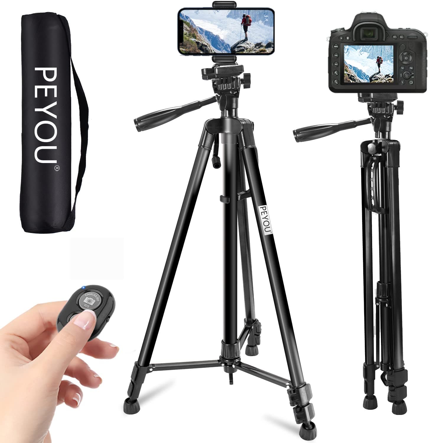 PEYOU 63" Phone Tripod, Aluminum Extendable Tripod Stand with Remote, Travel Tripod with Cell Phone Holder, 1/4” Mounting Screw for Mirrorless/Gopro/DSLR Camera, Max Load 8 Lbs, Carry Bag Inclued