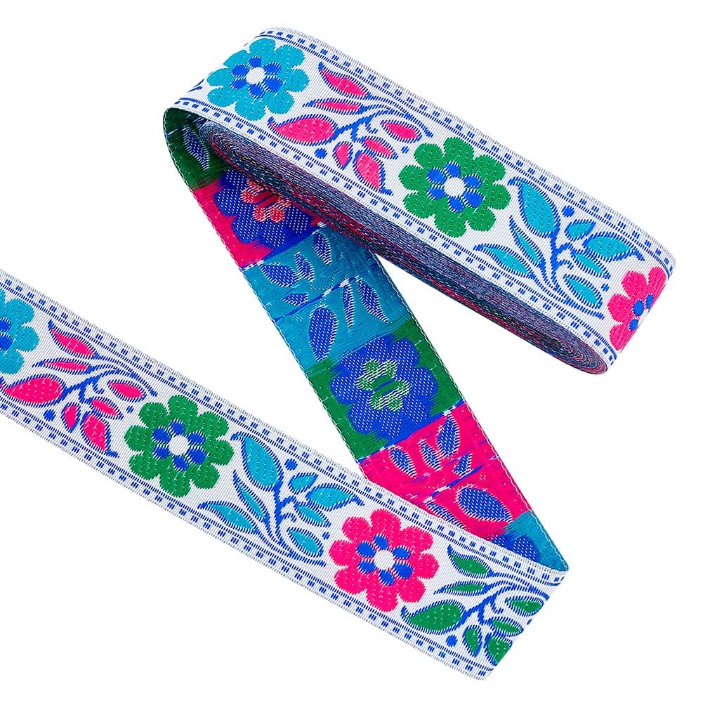 FINGERINSPIRE 7.7 Yard Colorful Flower Pattern Jacquard Ribbon 1.3 inch Wide Ethnic Style Embroidery Ribbons Bright Pink Blue Green Floral Woven Jacquard Band for Sewing Craft Decor(Non Elastic)