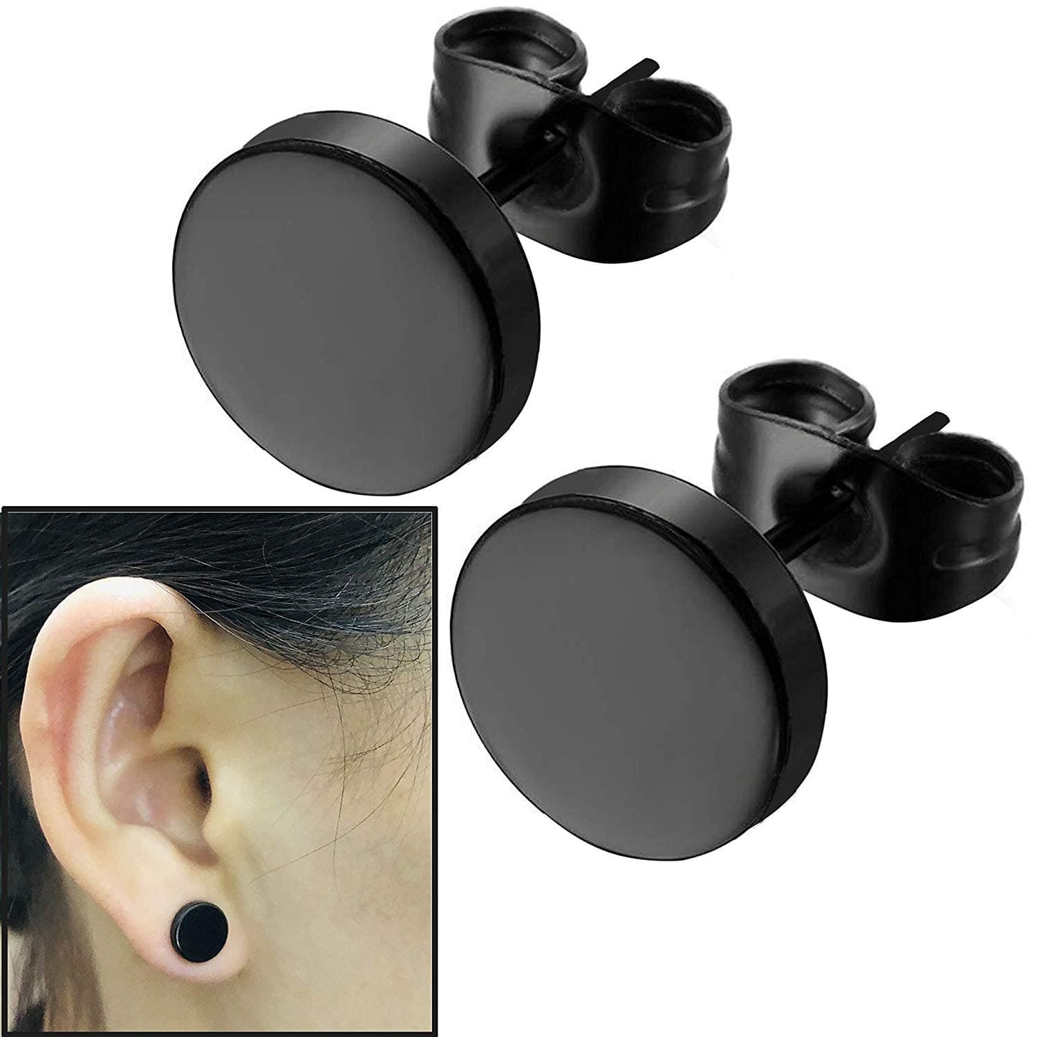 8mm Black Round Stud Earrings Set Stainless Steel Ear Studs for Men Women Tunnel Plug Post Pierced Tunnel, 2pcs/1 Pair
