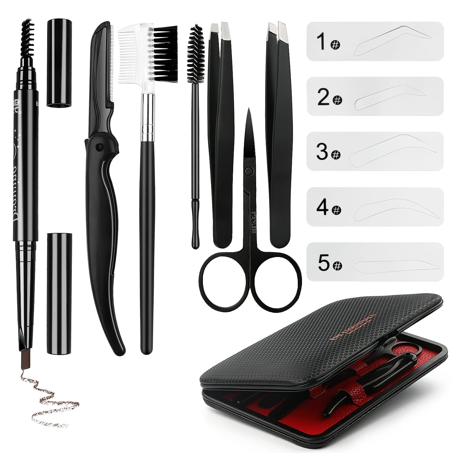 Eyebrow Grooming Suit Kits - 13 PCS Stainless Steel Eyebrow Scissors Utility Tools, Professional Eye Brow Groom Set with Mirror, Eyebrow Tweezers, Shaping Razor, Pen, Brush, DIY Shape Card (BLACK)