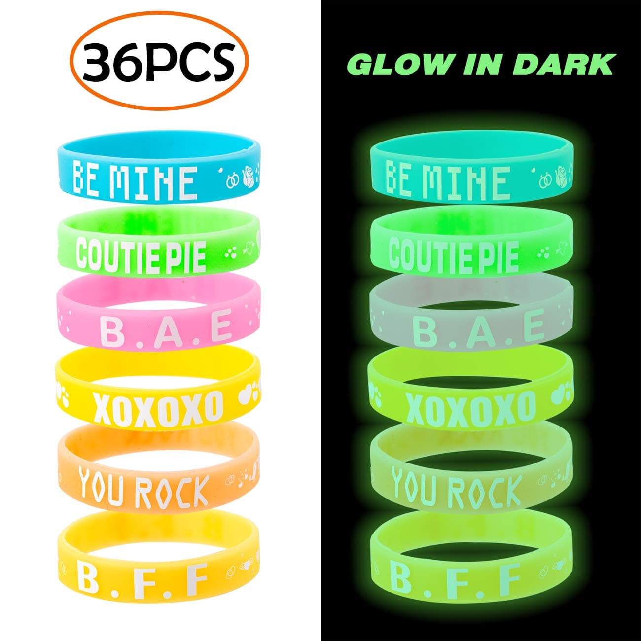 36PCS Valentine's Day Heart Silicone Rubber Bracelets Wristbands - 6 Different Glow in Dark Assorted Designs - Party Favors for Kids School Classroom Gifts Supplies