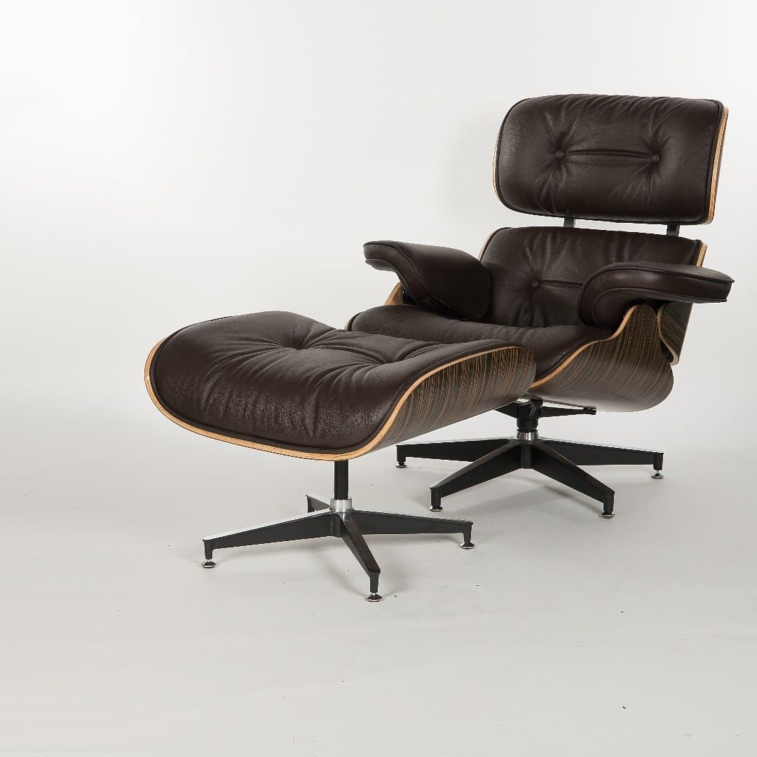 Simple Modern Fashion Style Living Room Genuine Leather Wood Lounge Chair and Ottoman (Ebony Wood Brown)