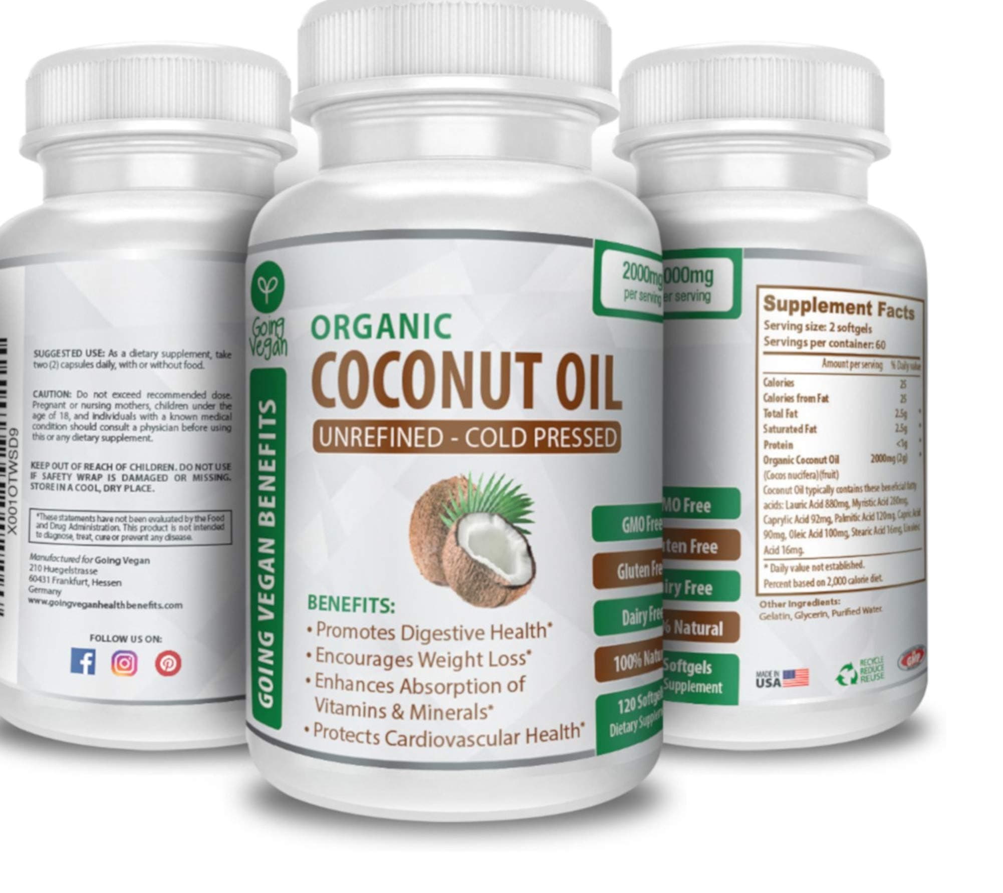 Organic Coconut Oil Capsules 2000mg - 100% Extra Virgin, Cold Pressed for Healthy Skin, Extra Hair Growth, Nail Care, Brain Booster - 120 Softgels - Unrefined Pure & Non GMO Pills - Rich in MCT