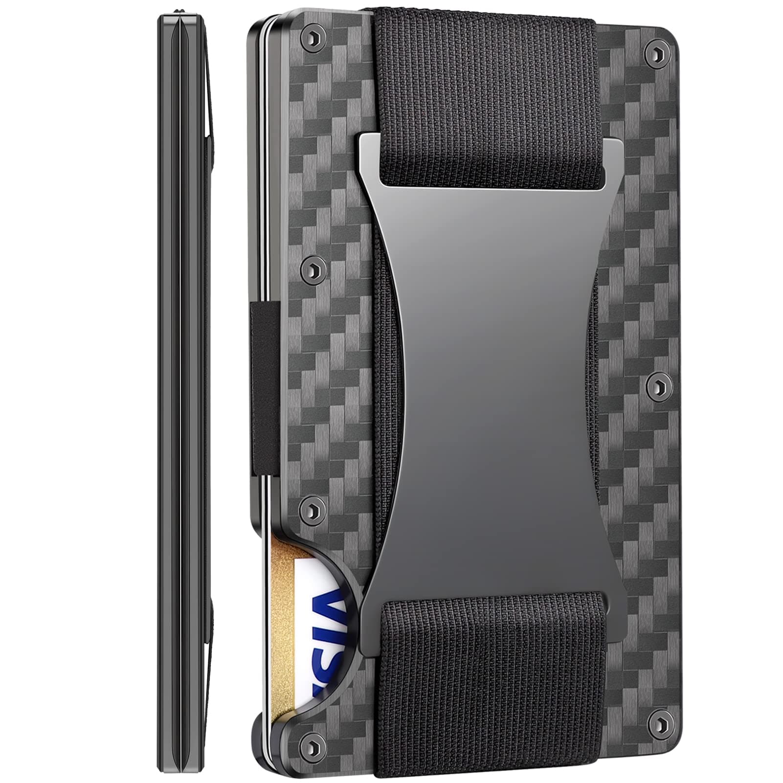BREXFIREMinimalist Wallet for Men Carbon Fiber Card Holder Cash Strap RFID Blocking Slim Front Pocket EDC Metal Wallets