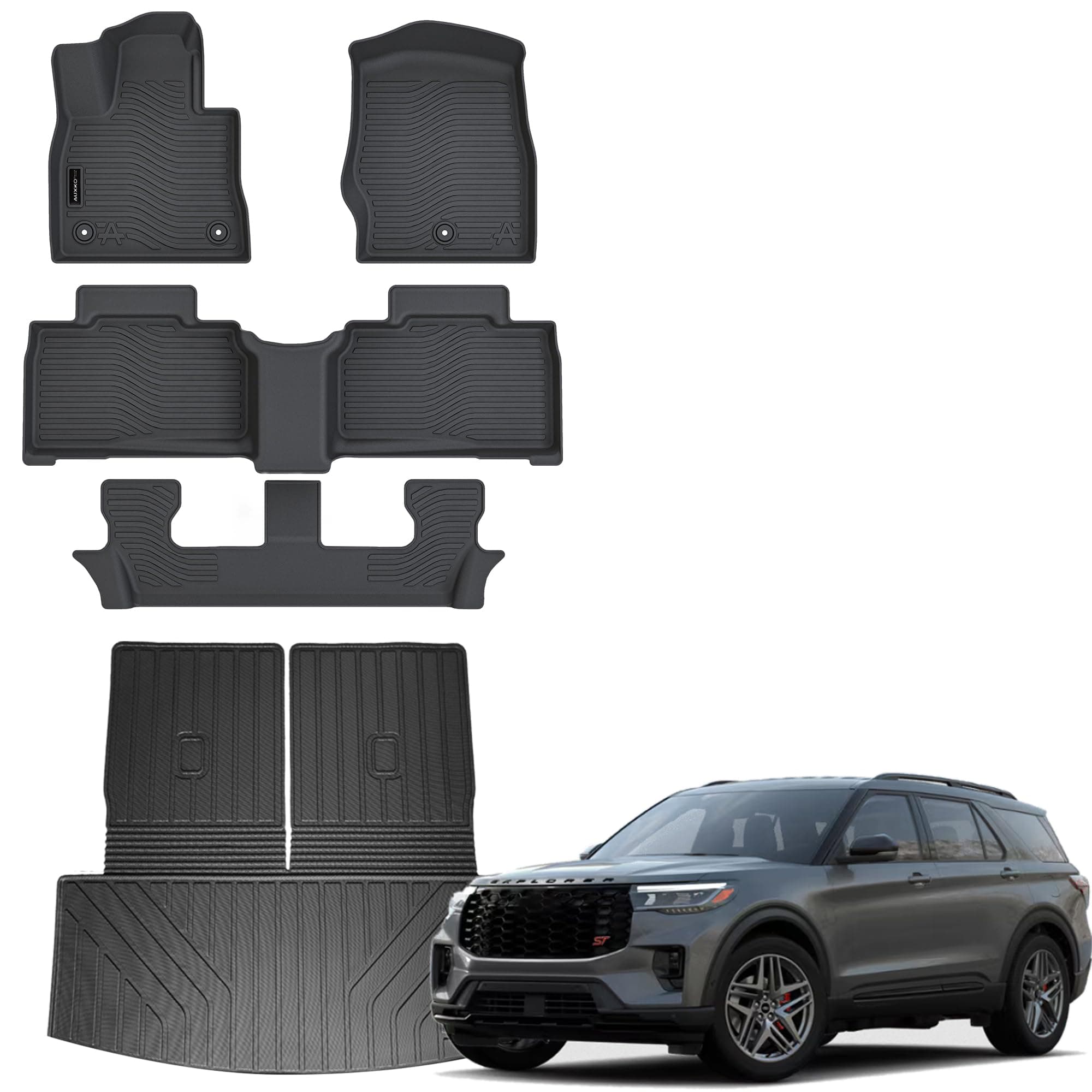 Auxko All Weather Floor Mat & Cargo Mat with Back Seat Mat Fit for Ford Explorer 7 Seat 2026 2025 2024 2023 2022 2021 2020 TPE Floor Liner Trunk Mat Accessories All Season Odorless Anti-Slip Black