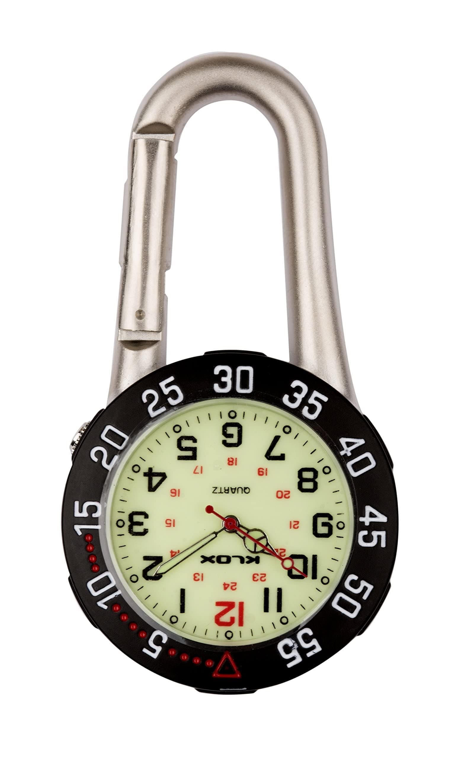 Klox Silver Clip on Carabiner with Black Rotating Bezel Luminous Face FOB Watch for Doctors Nurses Paramedics Chefs