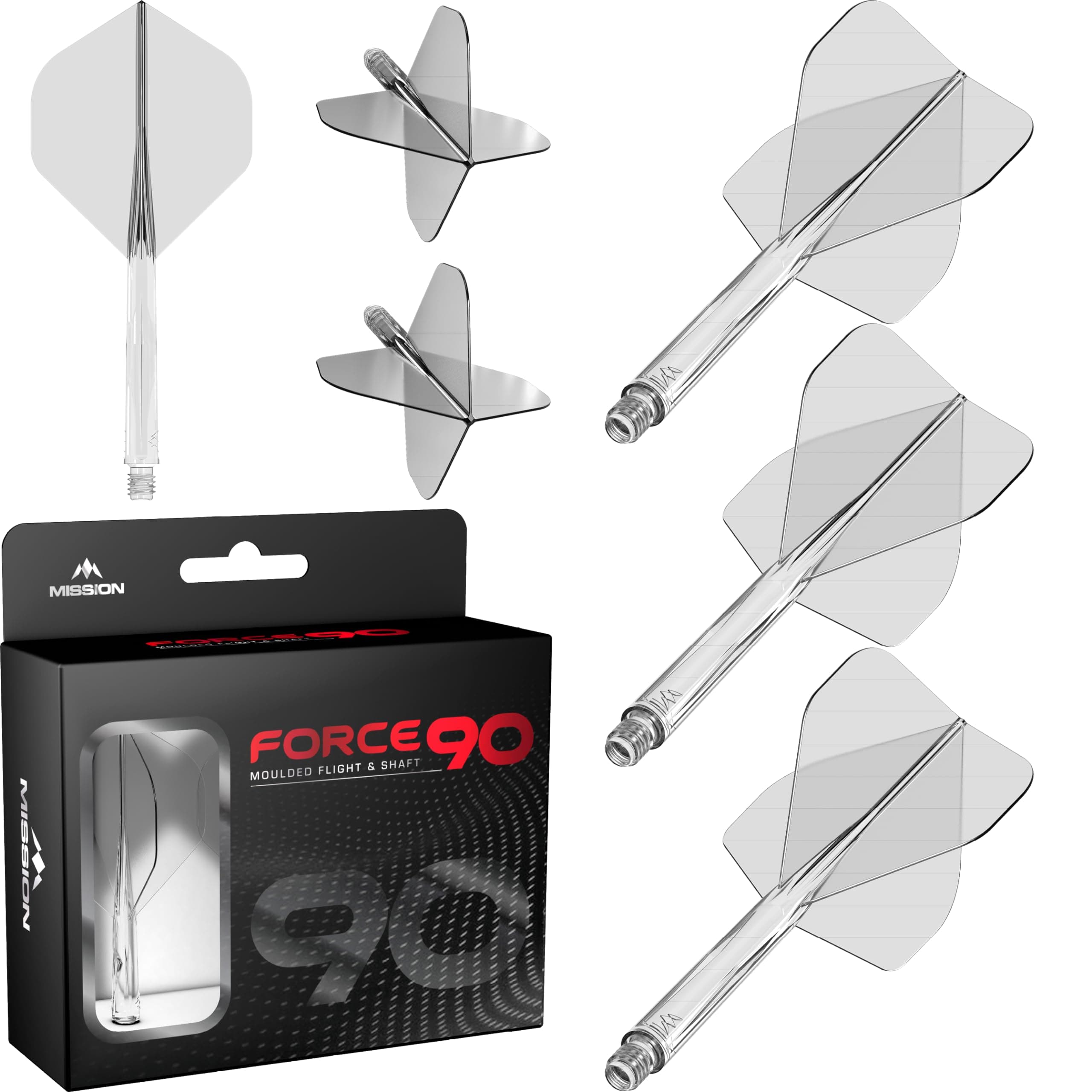 Force 90 | Integrated Precision Moulded Dart Flight And Shaft System, Pack of 3 Professional Durable 2-In-1 Combined Dart Flights And Stems | Standard No.2 (Clear, Short)