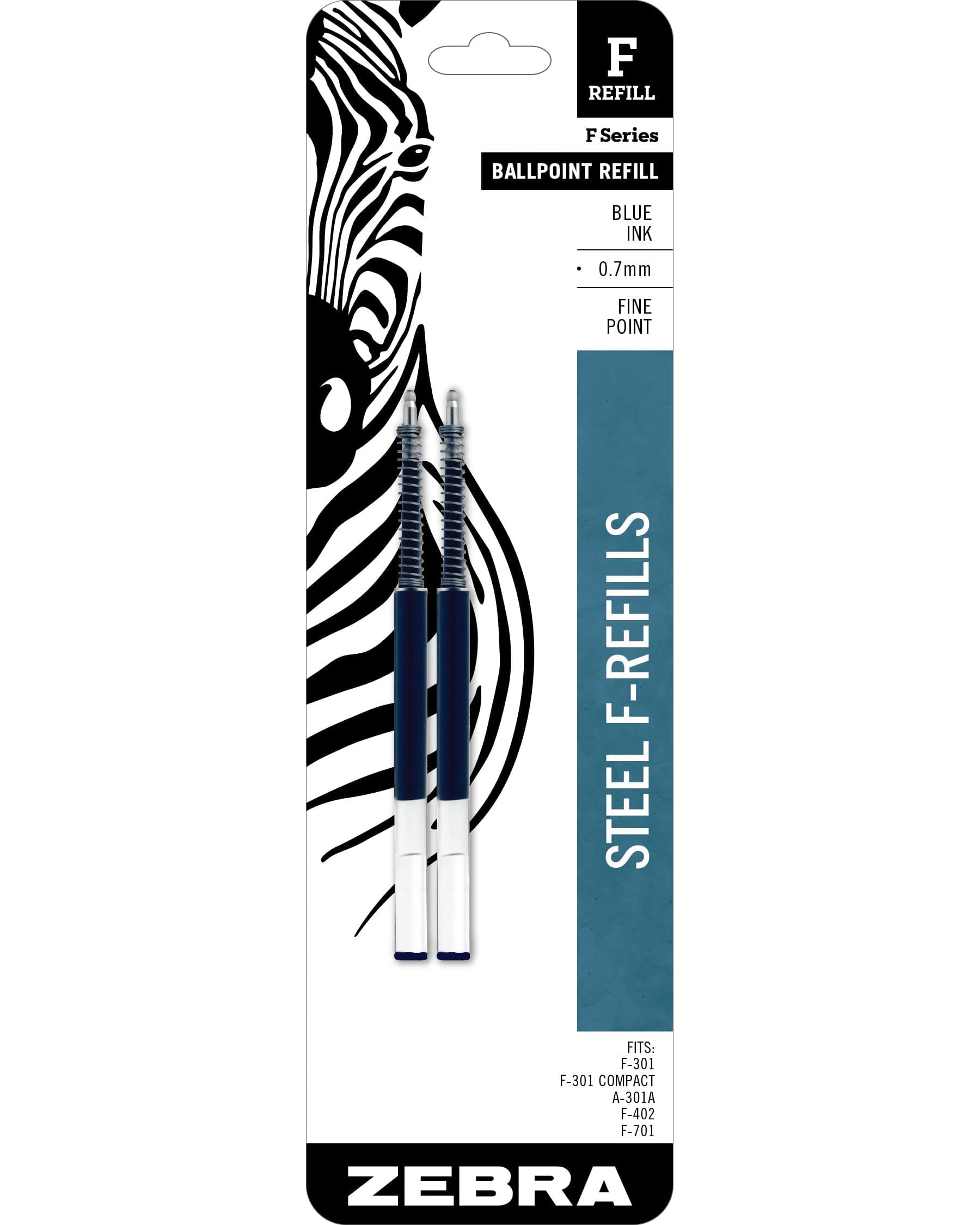 Zebra Pen STEEL, F-Refill Ballpoint Ink Refills, 0.7mm Fine Point, Blue Ink, Fits Zebra F-301, F-402, and F-701 Ballpoint Pens, Smooth Writing Performance, 2-Pack (85522)