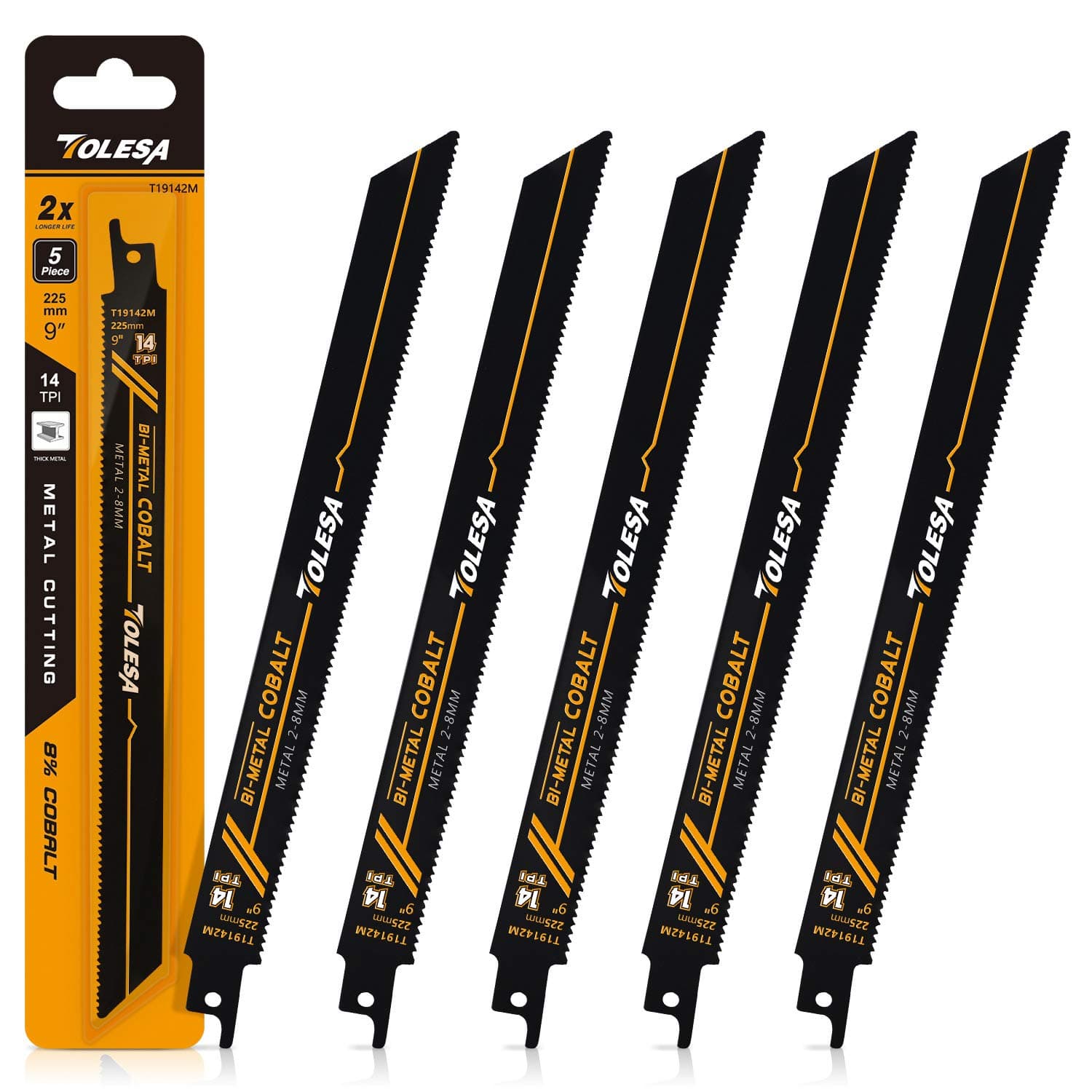 Heavy Metal Cutting Reciprocating Saw Accessories 225mm 14TPI for Pipe, Sheet, Rebar, Bi-Metal Sabre Saw Accessories Better Wear Resistance 5 Pack