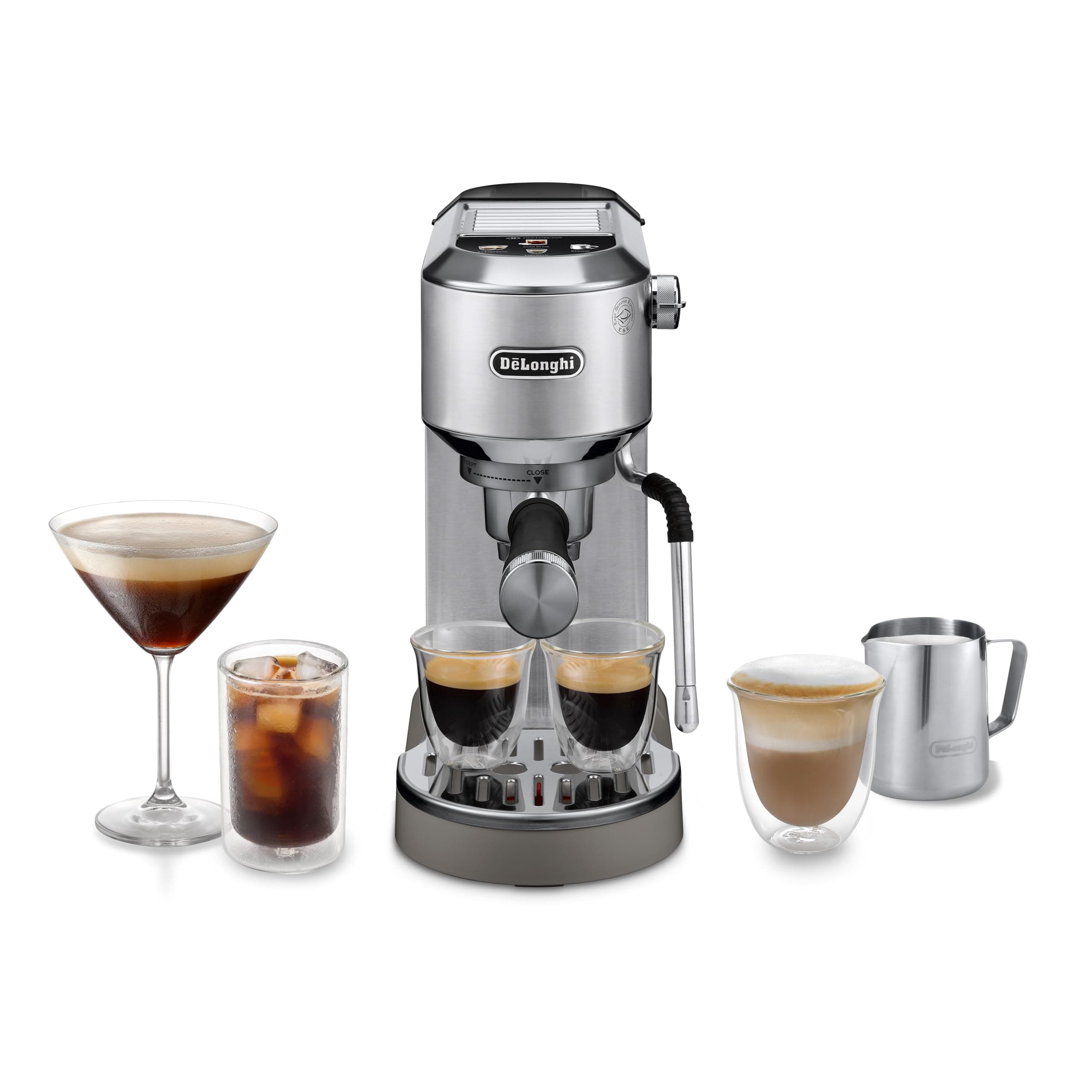 De'Longhi Dedica Duo EC890.M, Barista Coffee Machine with Pump, Espresso and Cold Brew, Manual Coffee Machine with LatteArt Steam Rod, 15 cm Wide, 2 Espresso, Touch Screen, Cup up to 13 cm, Metal