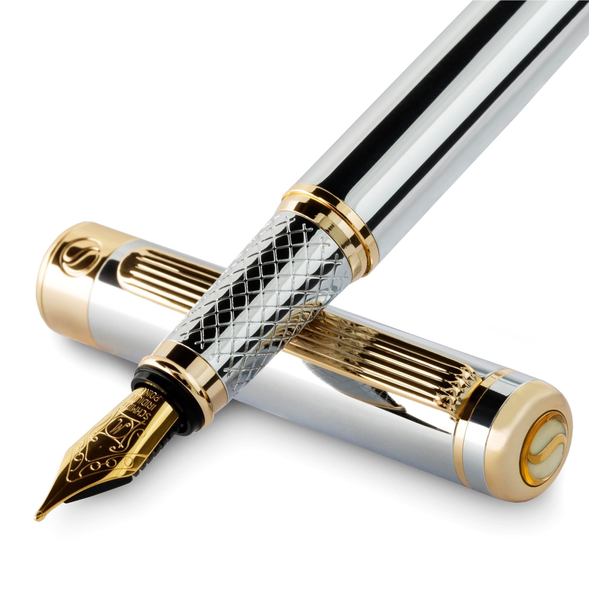 Scriveiner Silver Chrome Fountain Pen - Stunning Luxury Pen, Real Gold Finish Schmidt Gilded Nib (Medium), Best Pen Gift Set for Men & Women, Professional, Executive Office, Nice Pens