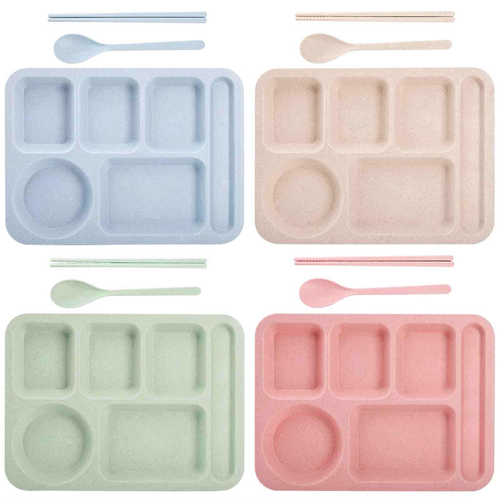 TOPZEA 4 Pack Unbreakable Divided Plates, 6 Compartments Wheat Straw Section Plates Plastic Dinner Plate Sets for Adults, School Lunch Trays, Microwave & Dishwasher Safe,14"x10.5"