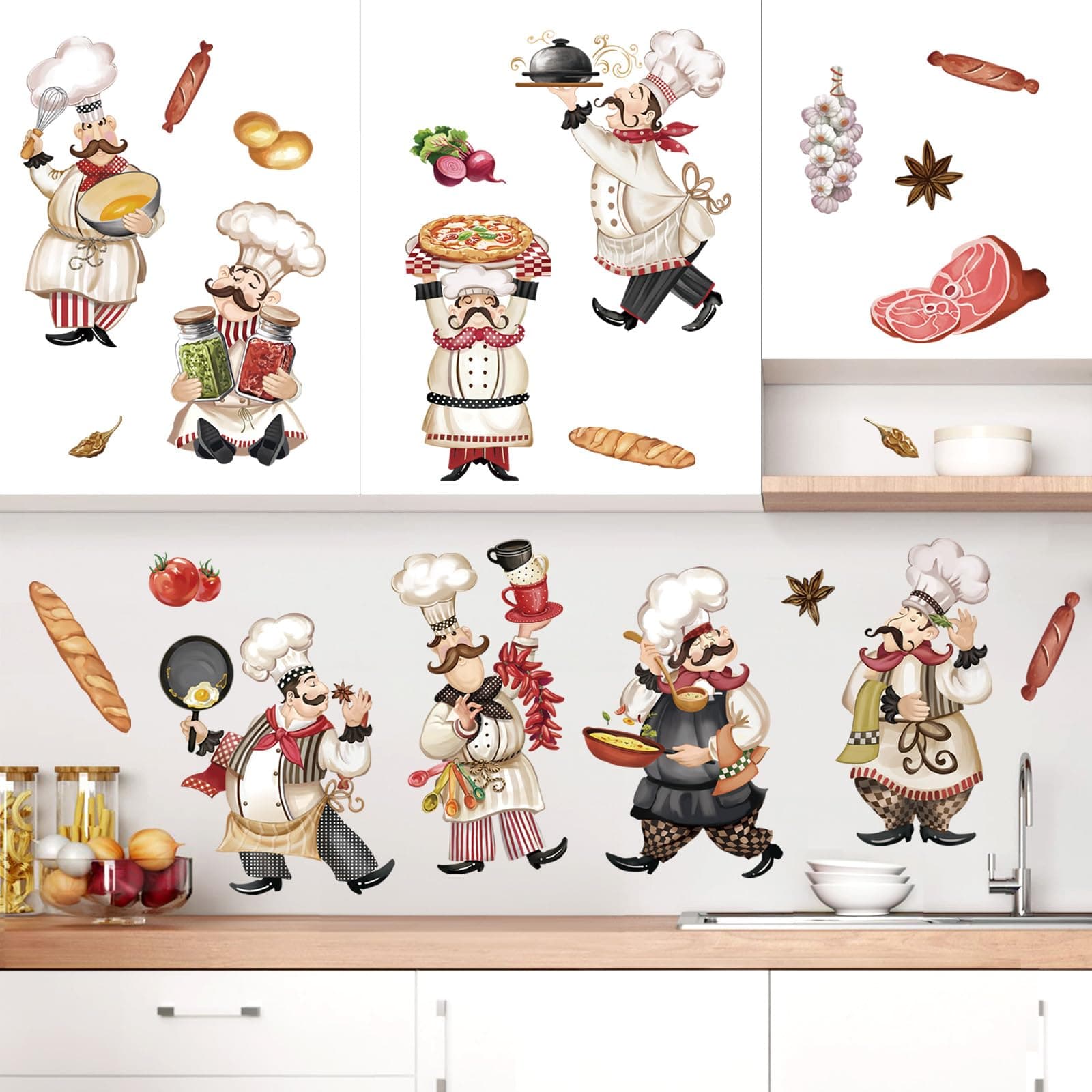 Chef Kitchen Wall Stickers Food Cooking Kitchenware Peel and Stick Wall Art Decals for Kitchen Dining Room Restaurant Fridge