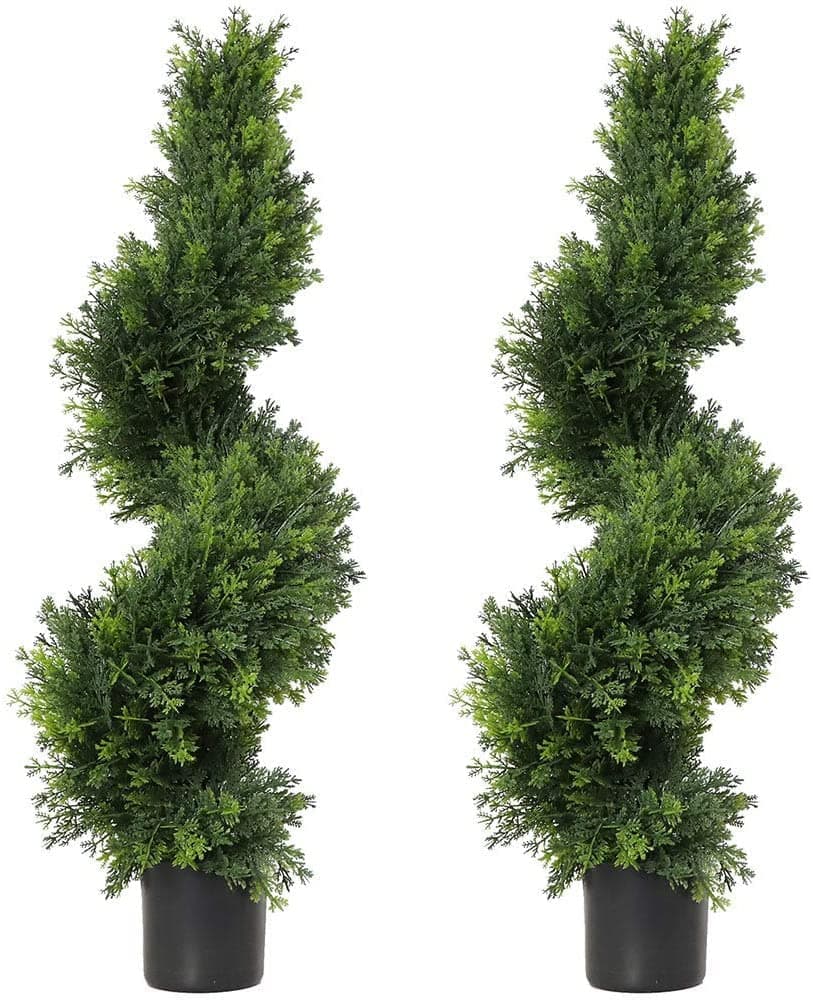 momoplant Artificial Spiral Trees, 2 Set of 3 Ft / 90cm Topiary Cypress Plants for Outdoor and Indoor Decor with Black Pot