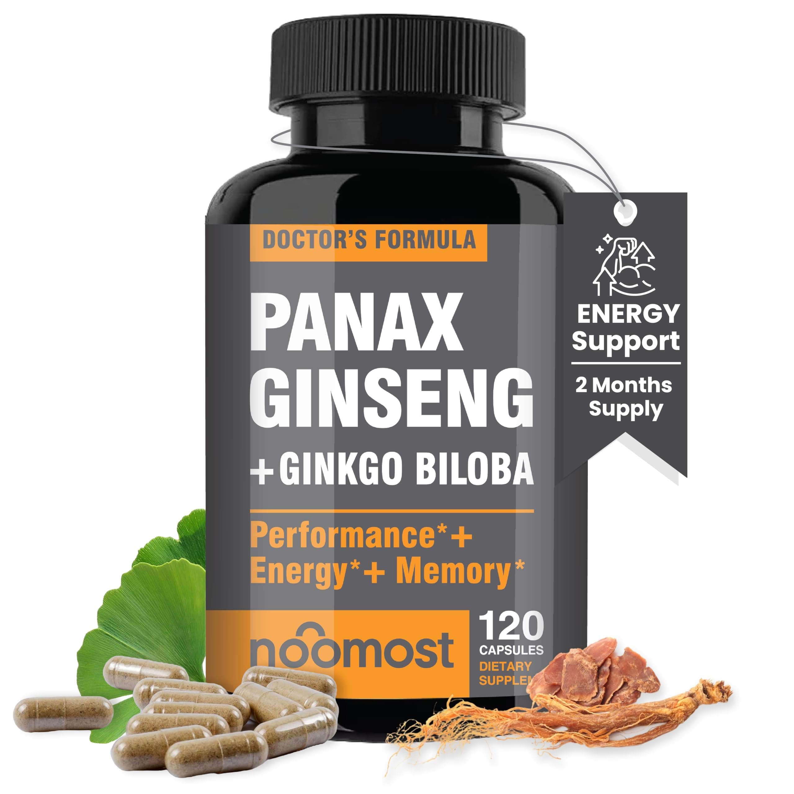Men's and Women's Korean Red Panax Ginseng with Ginkgo Biloba,120 Vegan Capsules