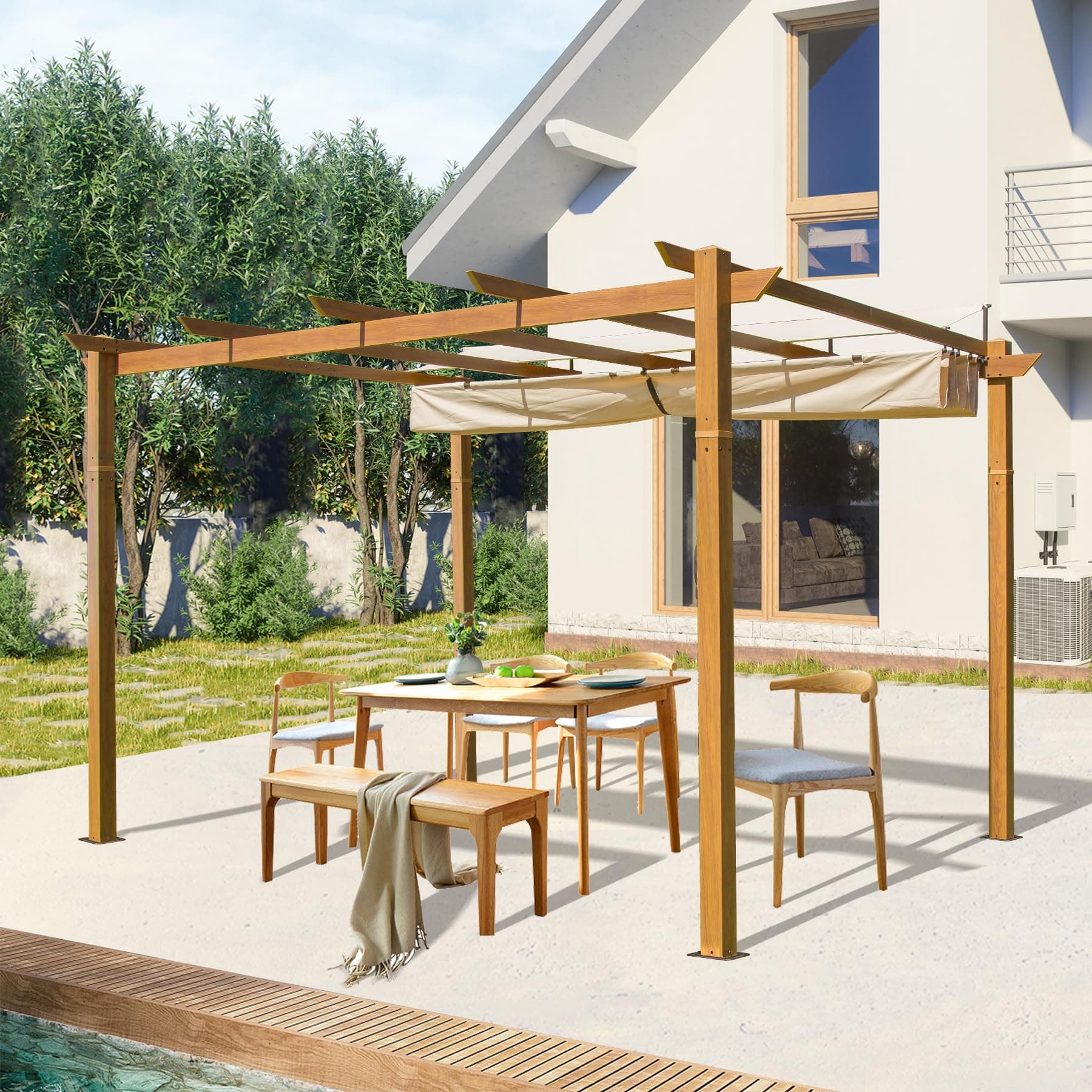 Domi 9’x13' Outdoor Retractable Pergola Against The Wall with Sun Shade Canopy, Pergolas and Gazebos Clearance, Patio Metal Canopy for Deck, Garden, Backyard(Wood-Looking)