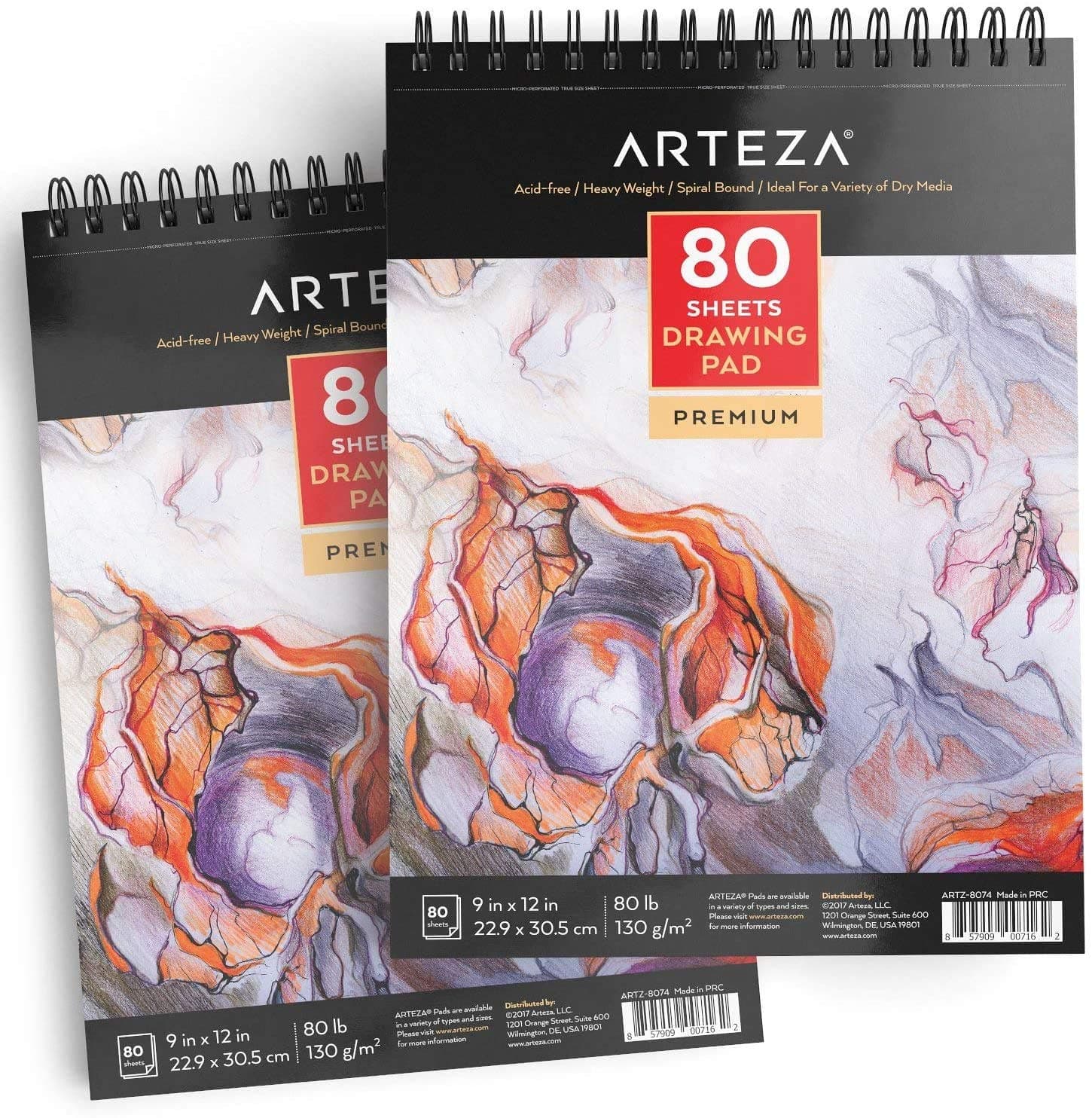 Arteza 22.9 x 30.5 cm Drawing Pad 2 Pack, 160 Pages Total, Two Spiral Bound Artist Drawing Books, 80 Sheets Each, Durable Acid Free Sketch Paper (130g), for Beginners & Experts