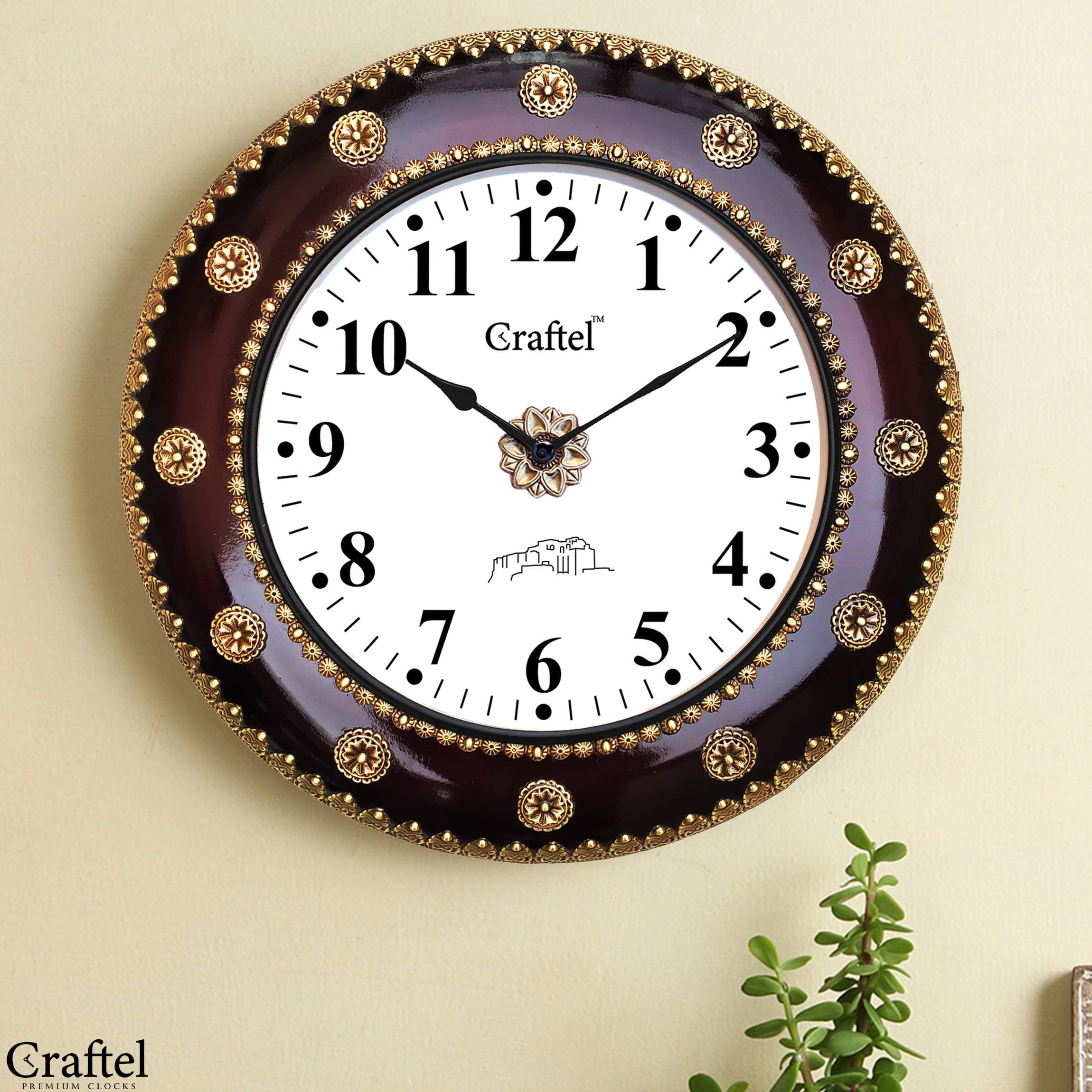 Craftel Brass English Number Dial Wall Clock for Home Living Room, Bedroom, and Office | Handcrafted Large Round Shape Analog Antique Diwar Ghadi, Clock with English Numerals (18 inch, Gold)