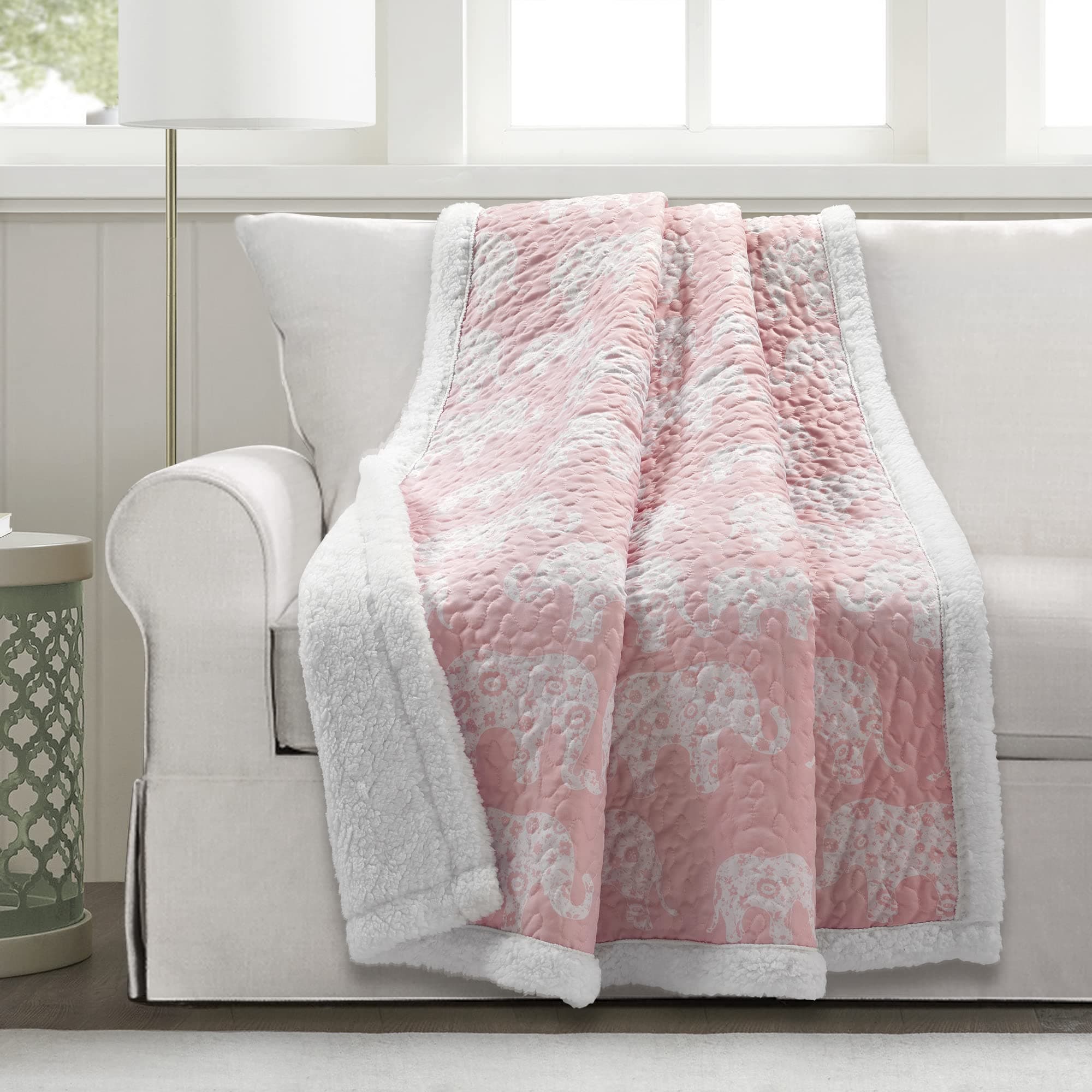 Elephant Parade Sherpa Throw Blanket 50" W x 60" L, Blush - Elephant Blanket for Kids - Plush Throw Blankets for Bed - Pink Couch Blankets