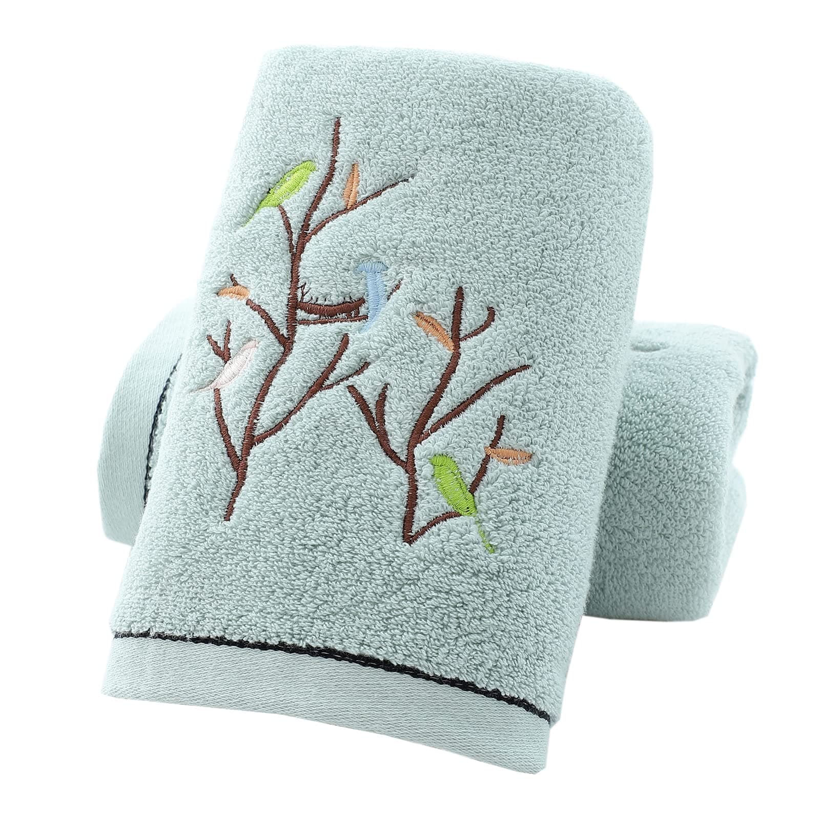 Pidada Hand Towels Set of 2 Embroidered Bird Tree Pattern 100% Cotton Absorbent Soft Decorative Towel for Bathroom 35 x 75 cm (Aqua Green)