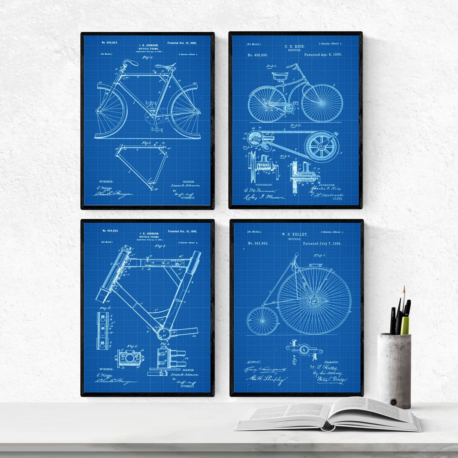 Nacnic BLUE - Pack of 4 sheets with patents BICYCLES. Set posters with inventions and old patents. Choose the color you like. Printed on 250 grams
