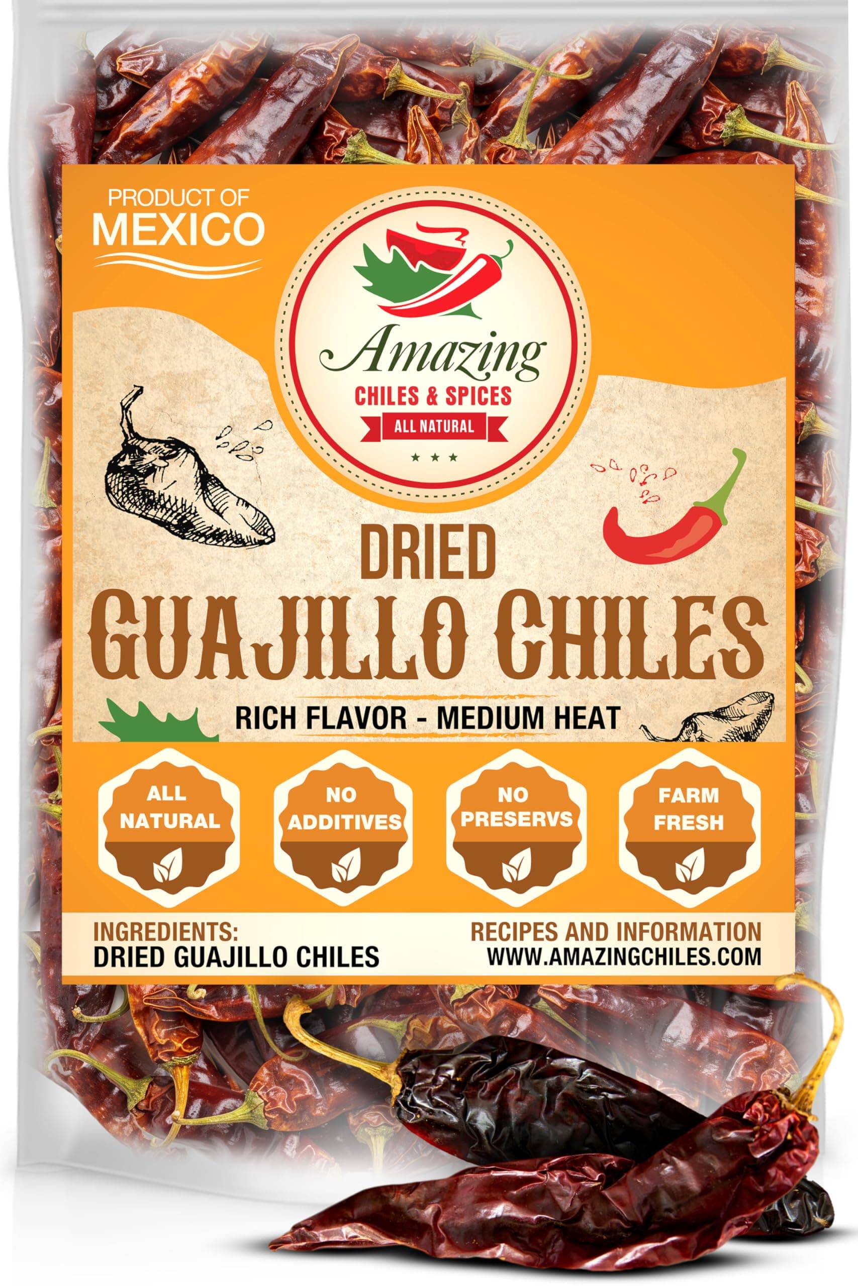 Guajillo Chiles Peppers Dried Whole 1lb (16oz) – Natural and Premium. Great For Mexican Recipes Like Mole, Tamales, Salsa, Meats. Mild to Medium Heat, Complex Fruity Flavor. Resealable Bag.