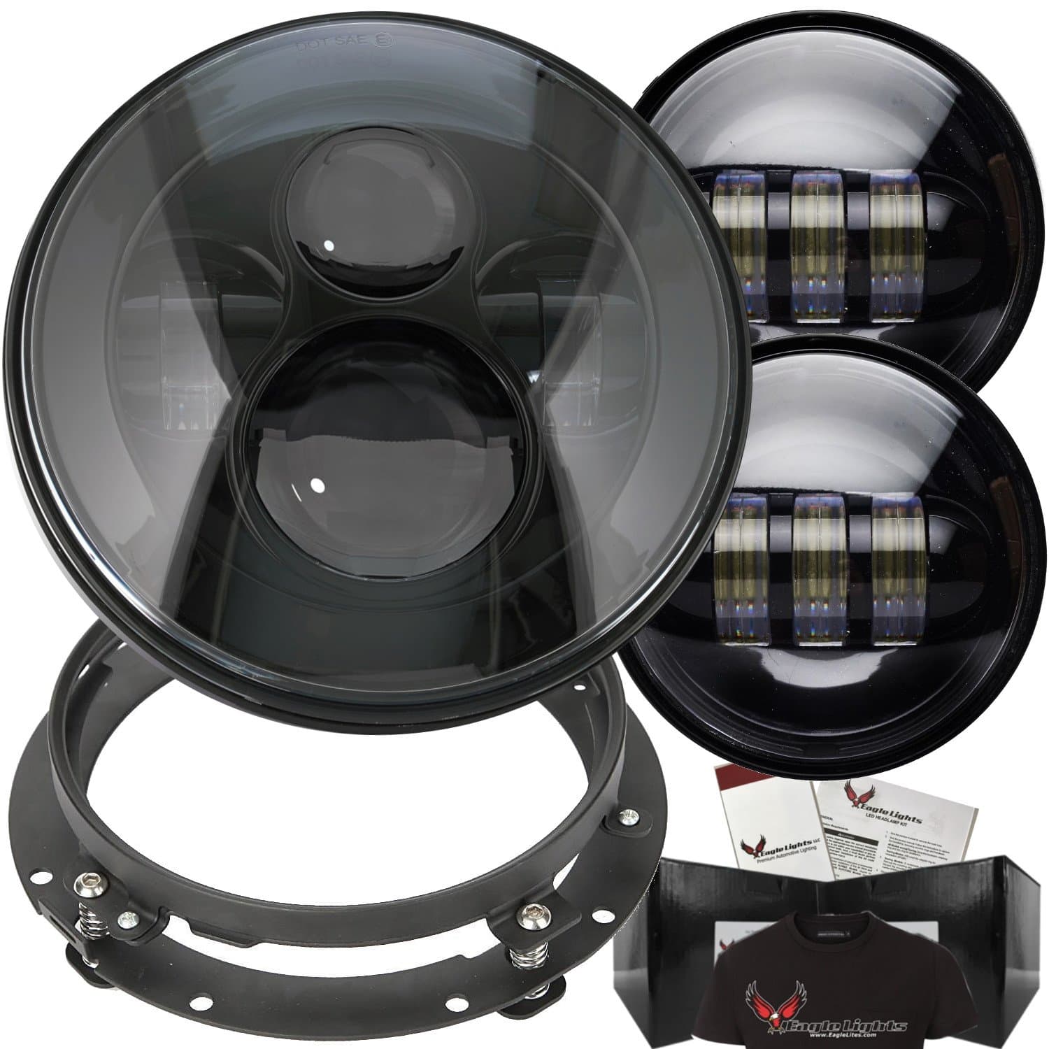 Eagle Lights 7 inch Round Black Harley LED Headlight with Matching Black Spot Lights, Black Adapter Ring and Free T-Shirt