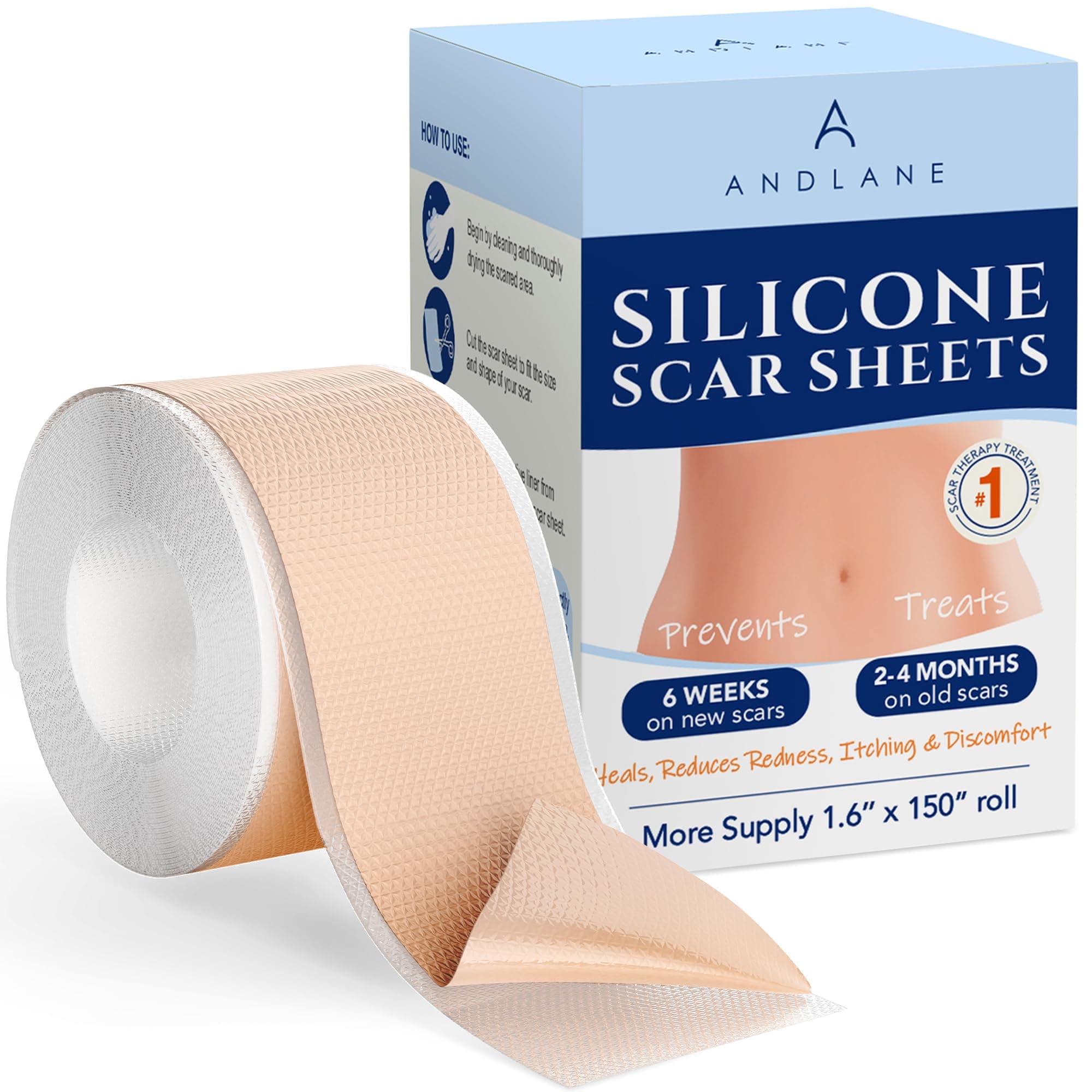 Silicone Scar Sheets - 1.6'' x 150'' Medical Grade Silicone Scar Tape for Scars Removal - Recovery Must Haves for Surgical Scars, C Section, Keloid, Hysterectomy, Stretch Marks, Acne