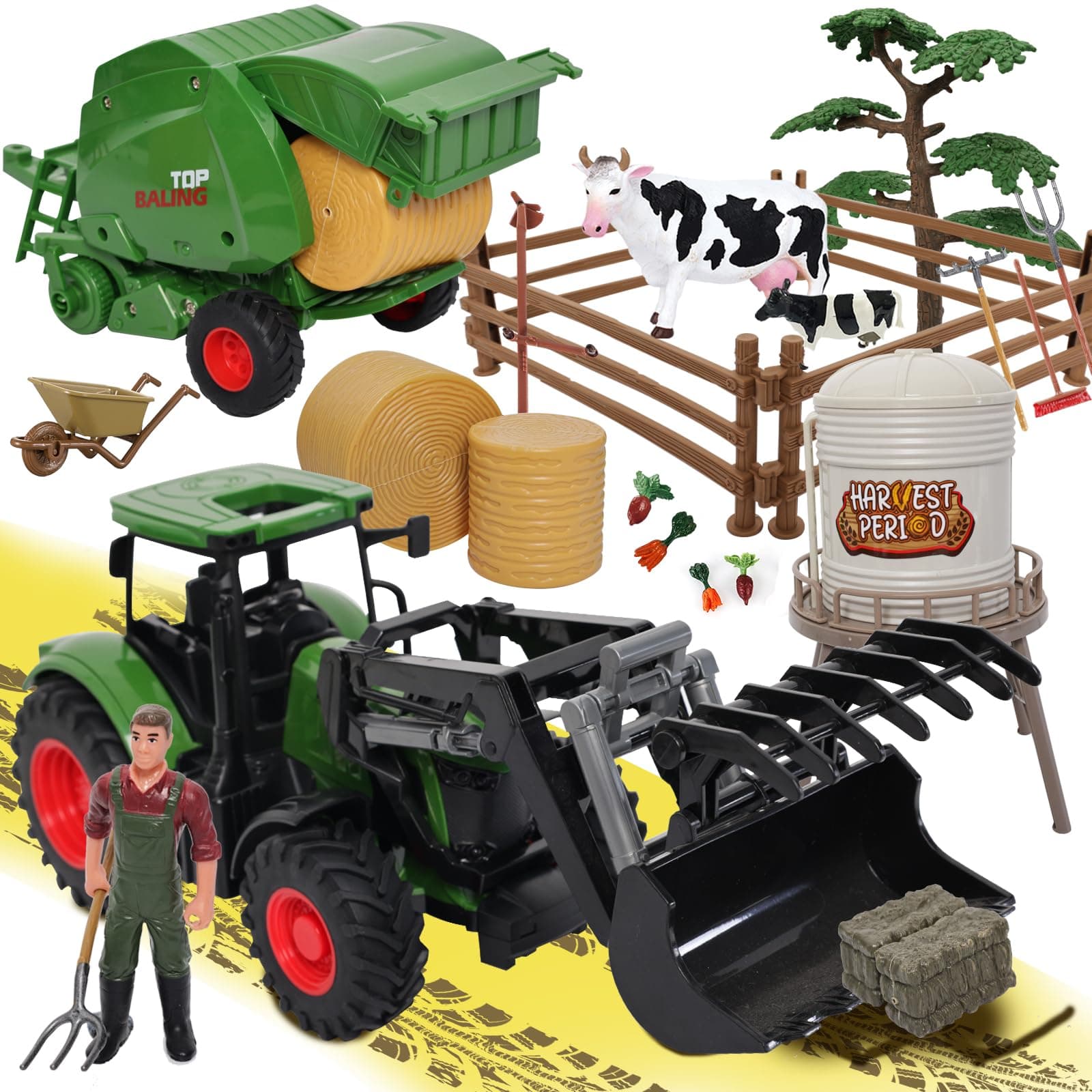 Farm Tractor Toys Set Bale Haying Round Baler with Barn, Farmer,Cow,Farm Tools,Tree Farm Tractor Pla yset for Kids Toddler Boys Girls Ages 3-7 Years